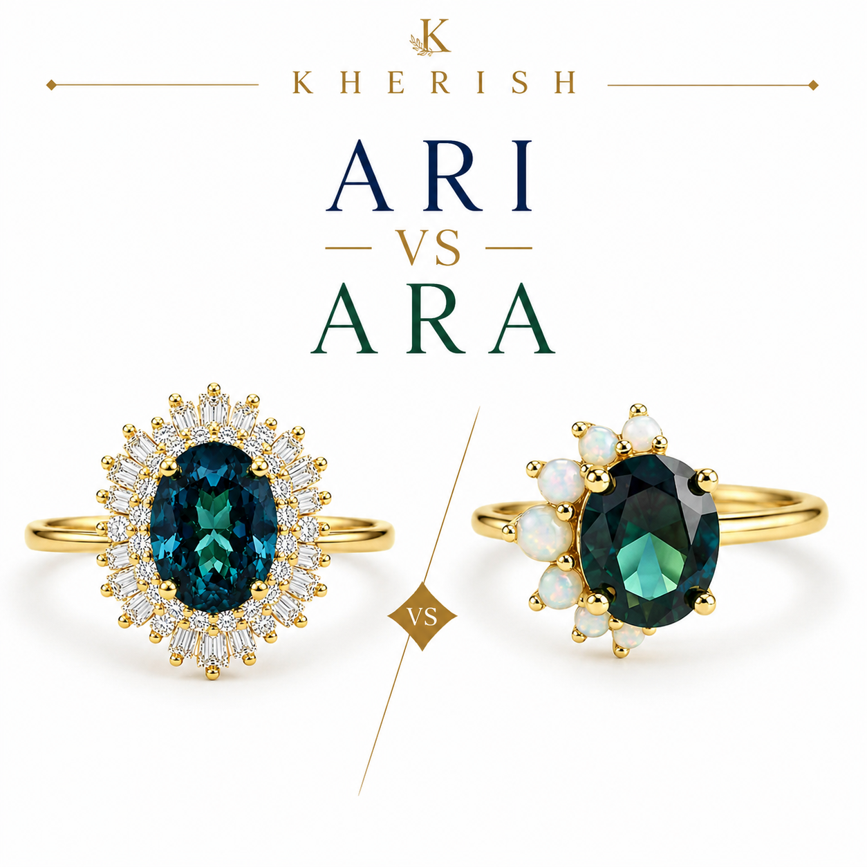 Same captivating deep blue center stone, but Ara and Ari tell two very different stories.