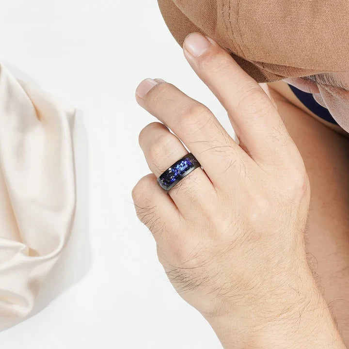 Men's Tungsten and Opal Rings: Modern Color, Dark Metal, and Celestial Style