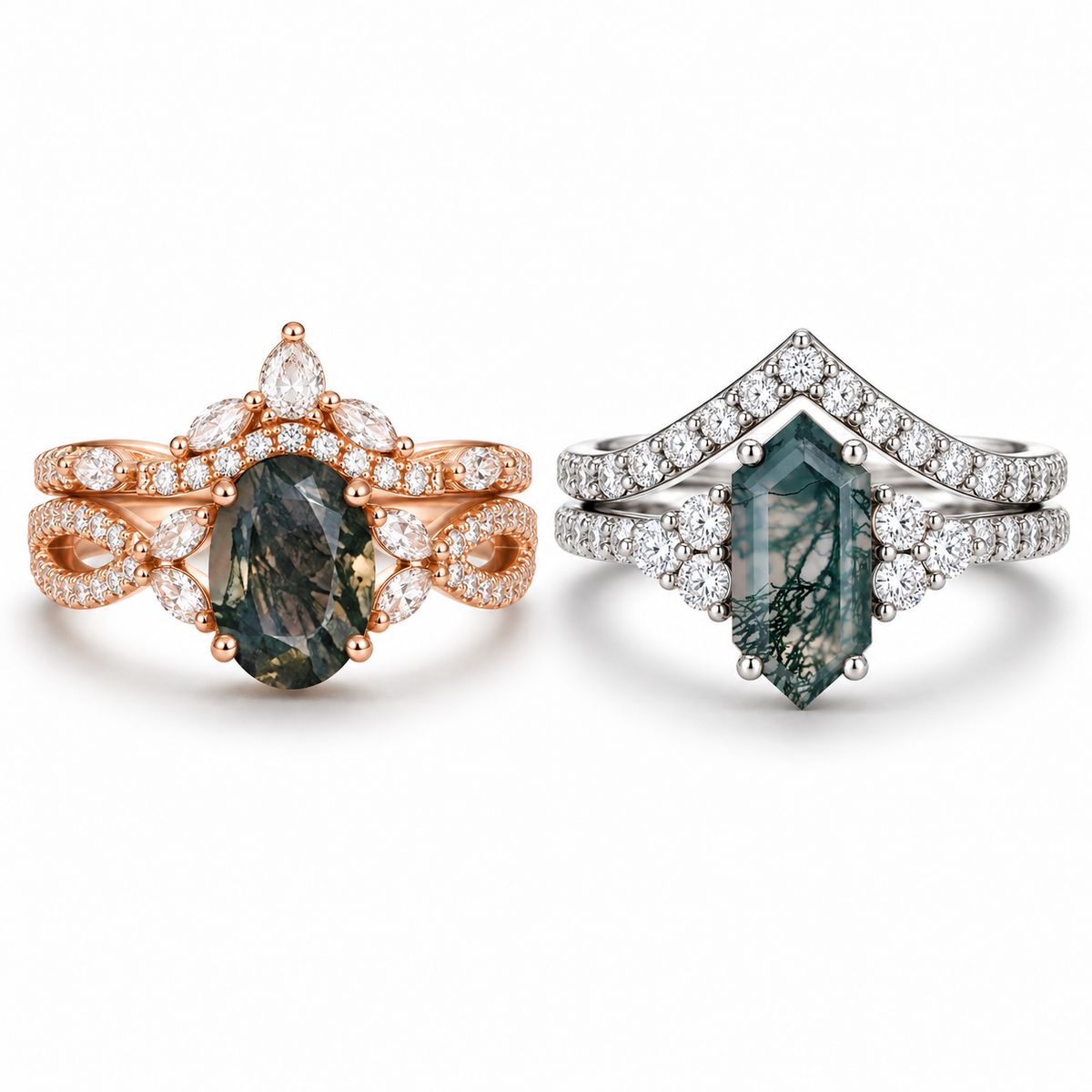 Kai vs. Katharina: Soft Botanical Curves or a Long Hexagon Moss Agate Center?
