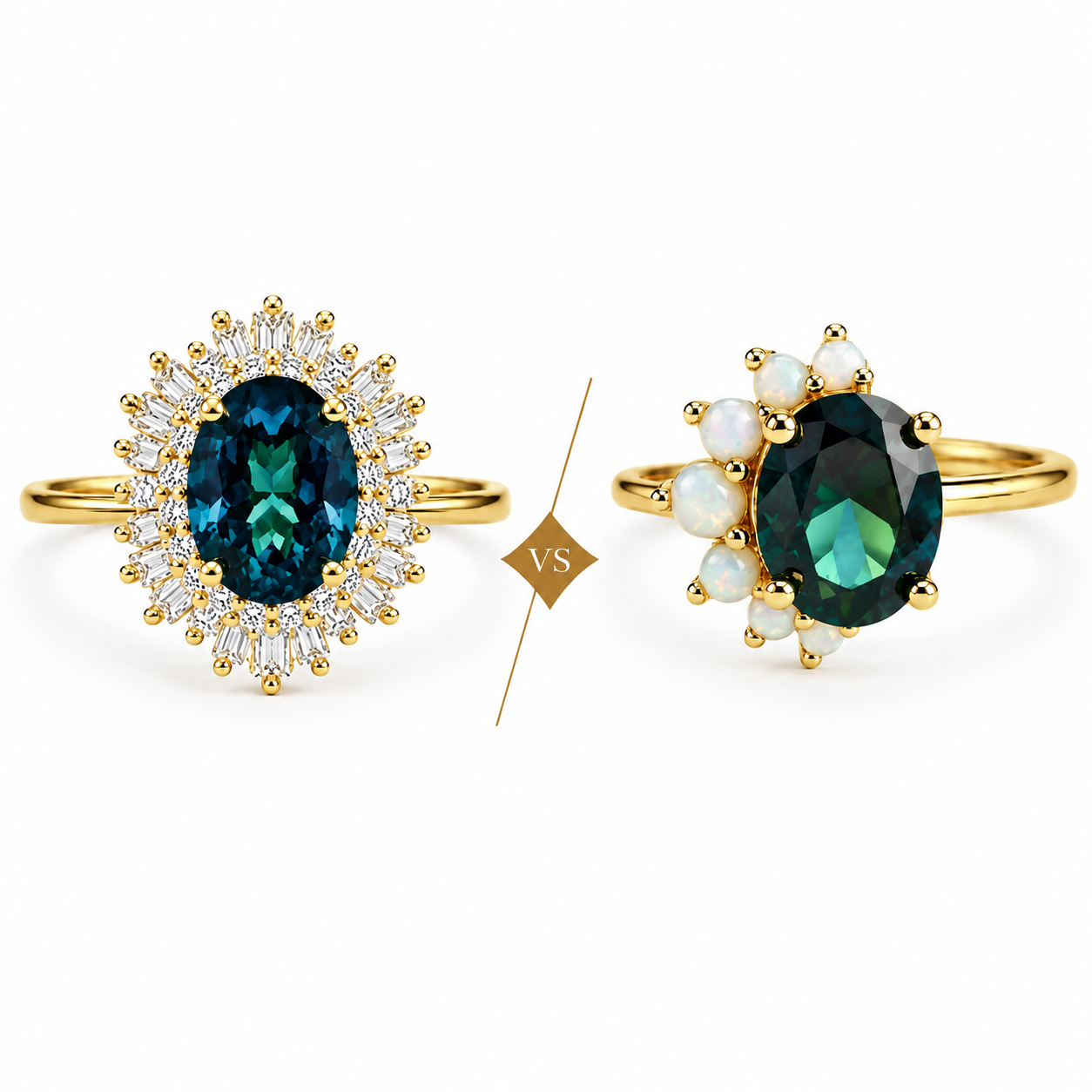 Same captivating deep blue center stone, but Ara and Ari tell two very different stories.