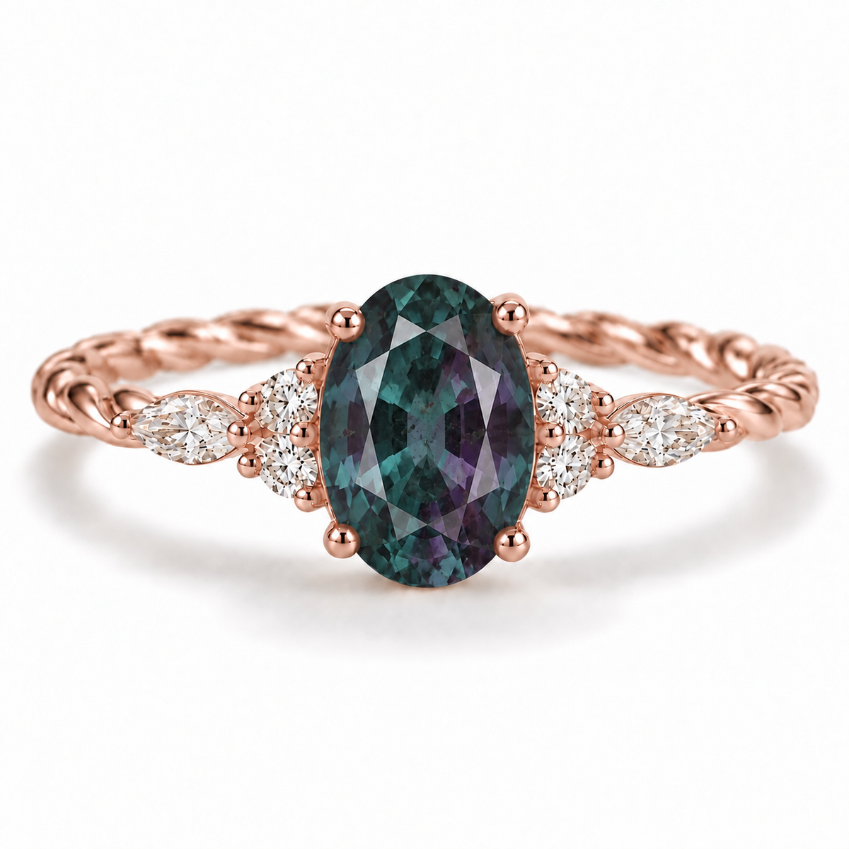 A Twisted Fantasy Ring - In White Fire Opal, Sapphire and Alexandrite.