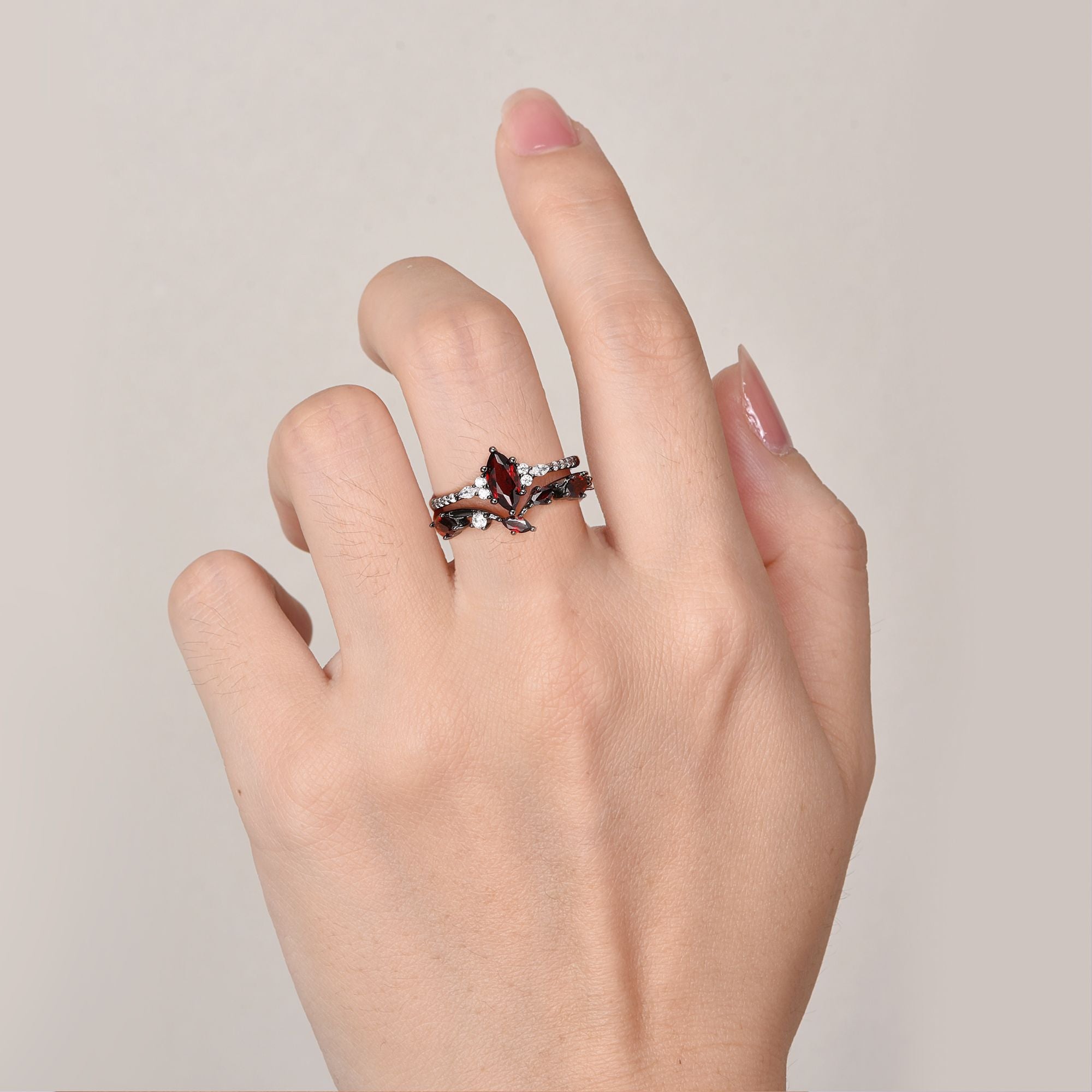 Maggie Natural Red Garnet Black Gold Couple's Ring Set