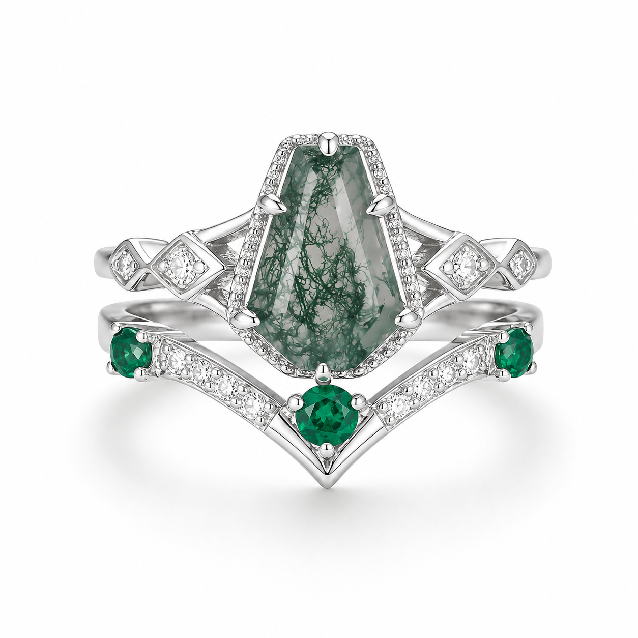 Atra Coffin Cut Moss Agate and Emerald Ring Set