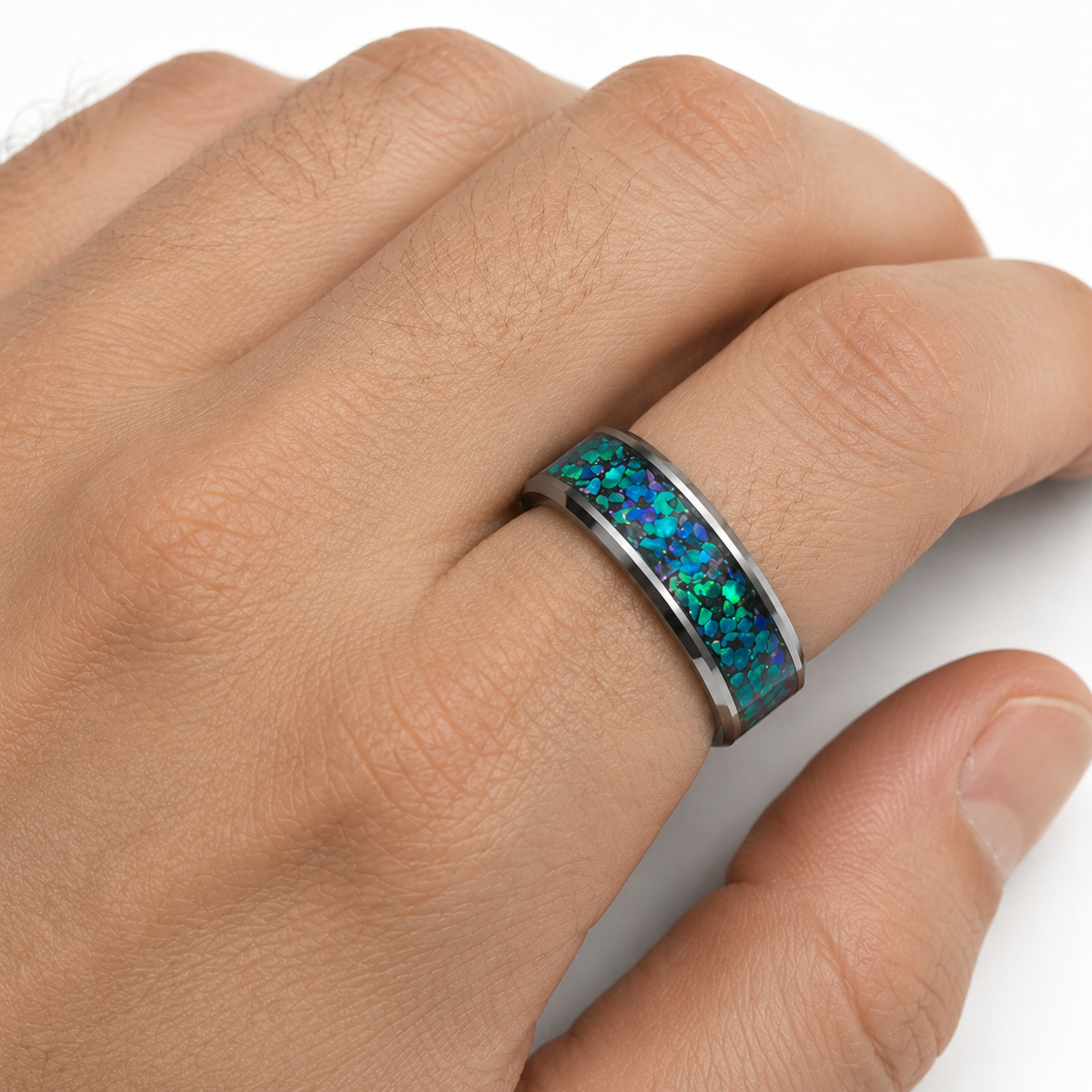 Zac Men's Blue Green Opal Silver Band