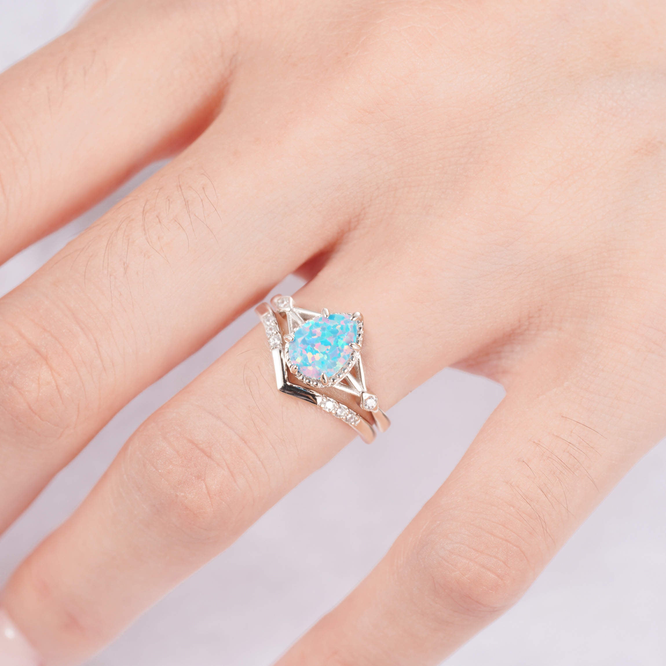Blue Fire Opal Ring Set with sterling silver band