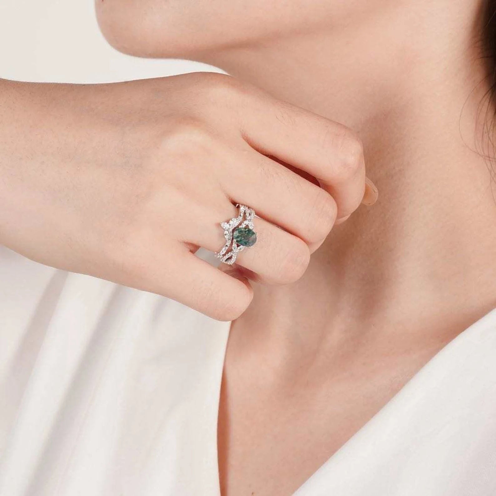 Kai Moss Agate Quartz Ring Set