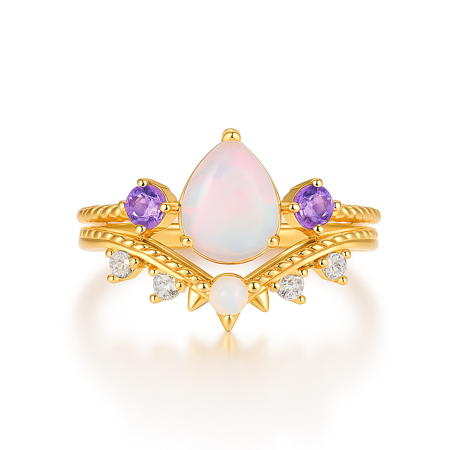 April Natural Opal and Amethyst Ring Set Gold