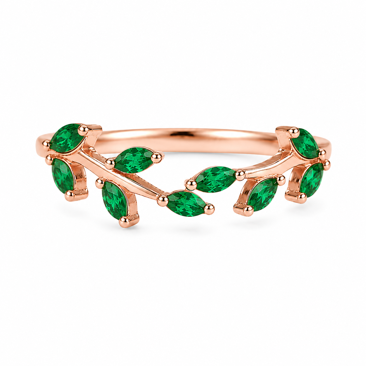 Sammi Curved Emerald Leaf Band Rose Gold