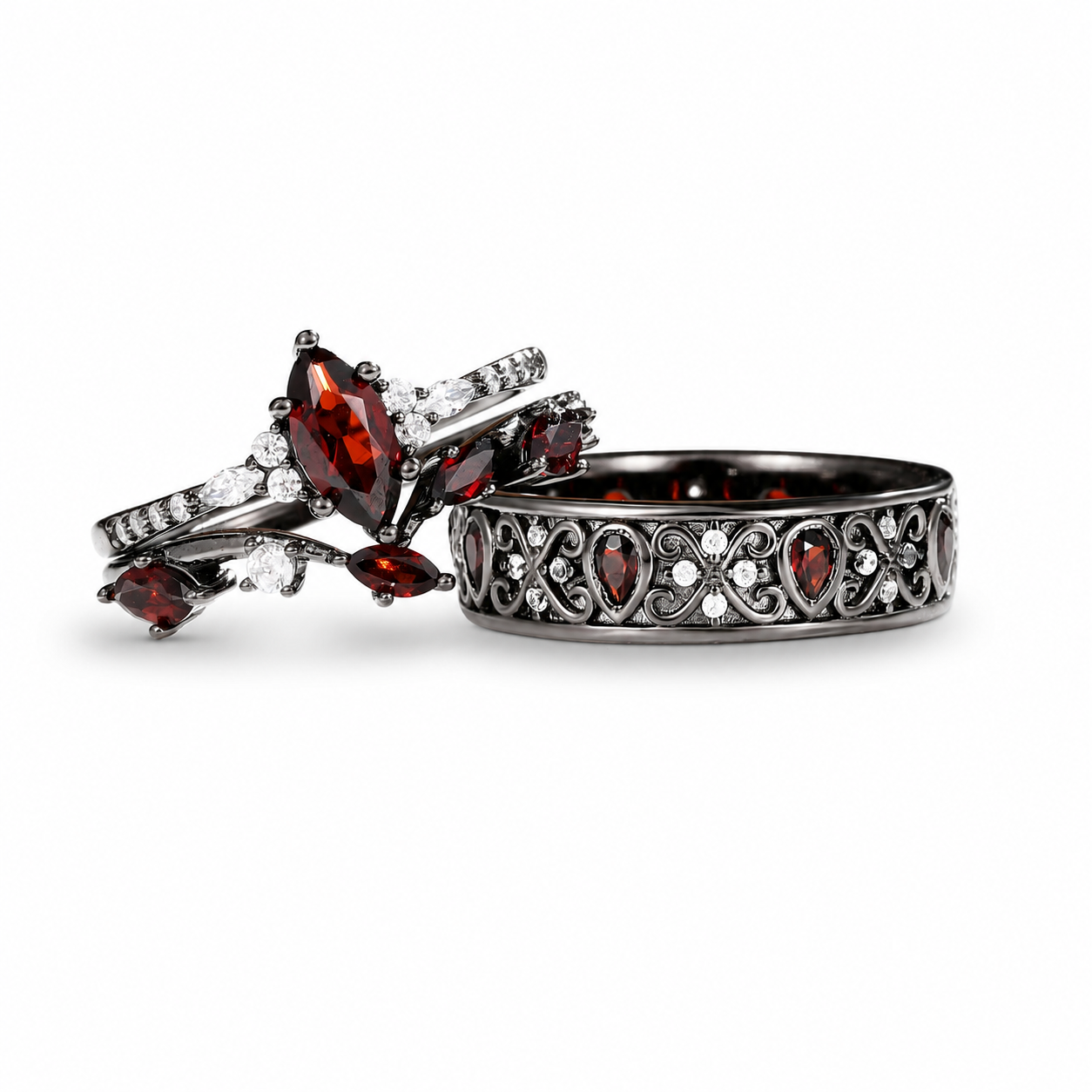 Maggie Red Garnet Black Gold Couple's Ring Set