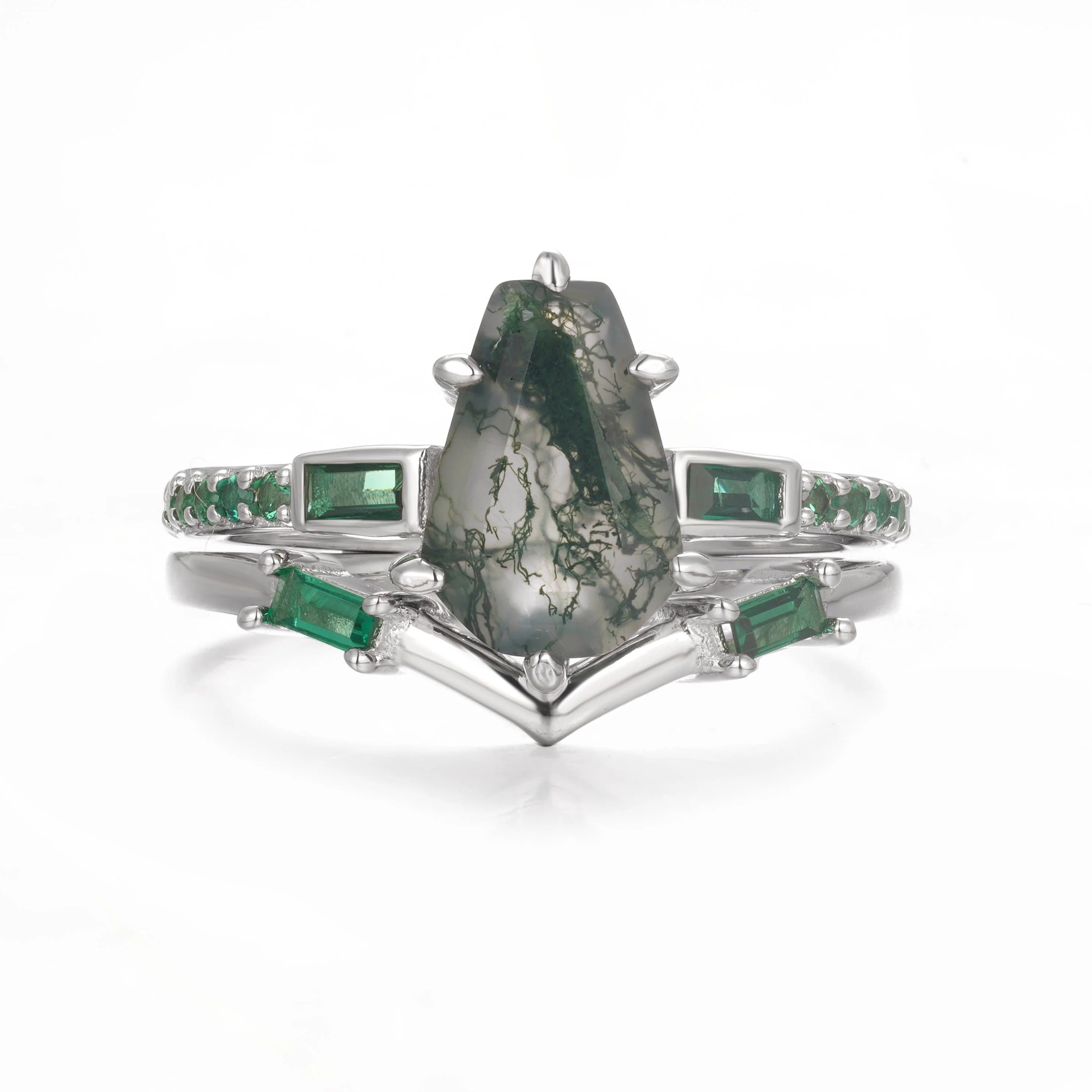 Amy Coffin Moss Agate Quartz and Emerald Ring Set