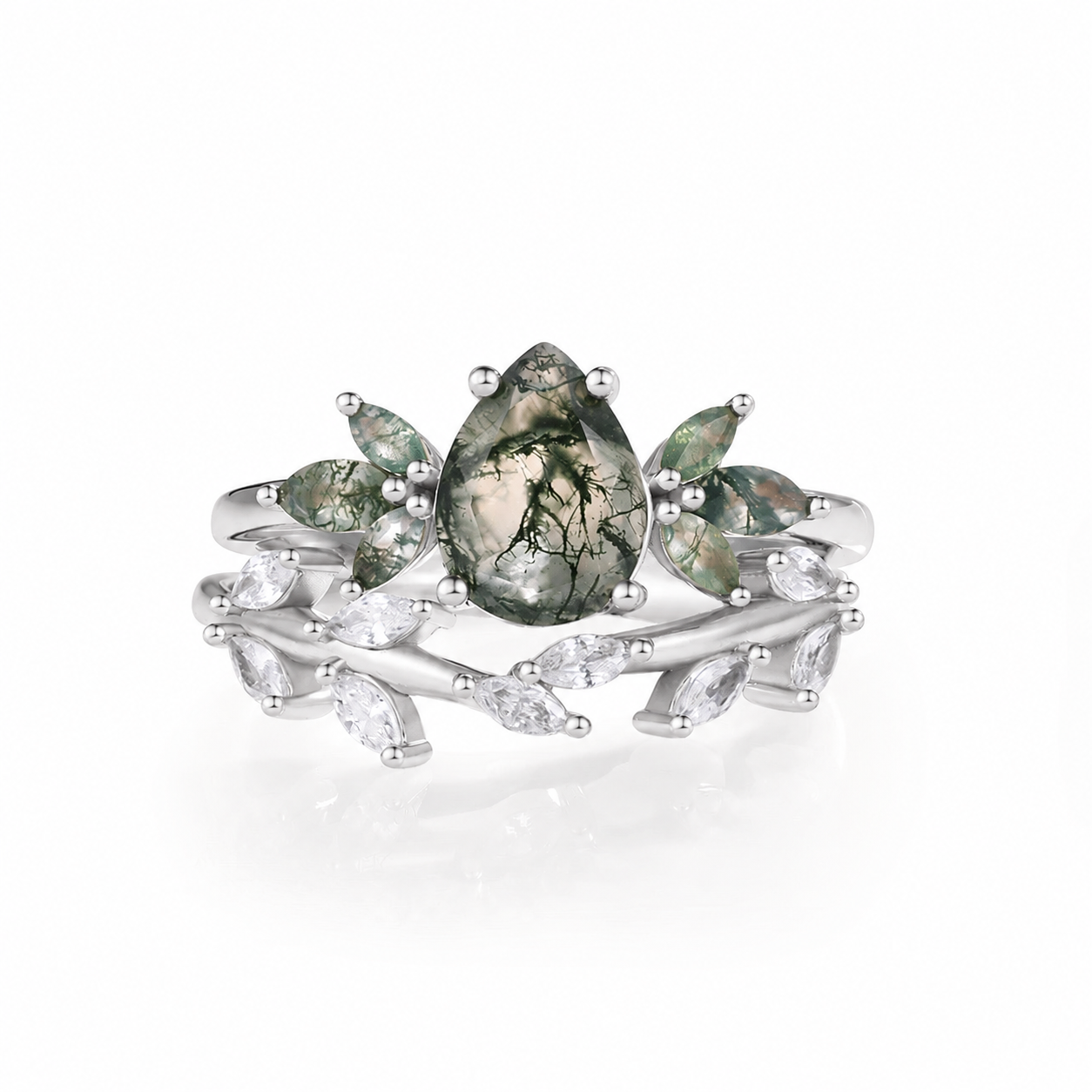 Ivy Moss Agate Quartz Leaf Ring Set Sterling Silver