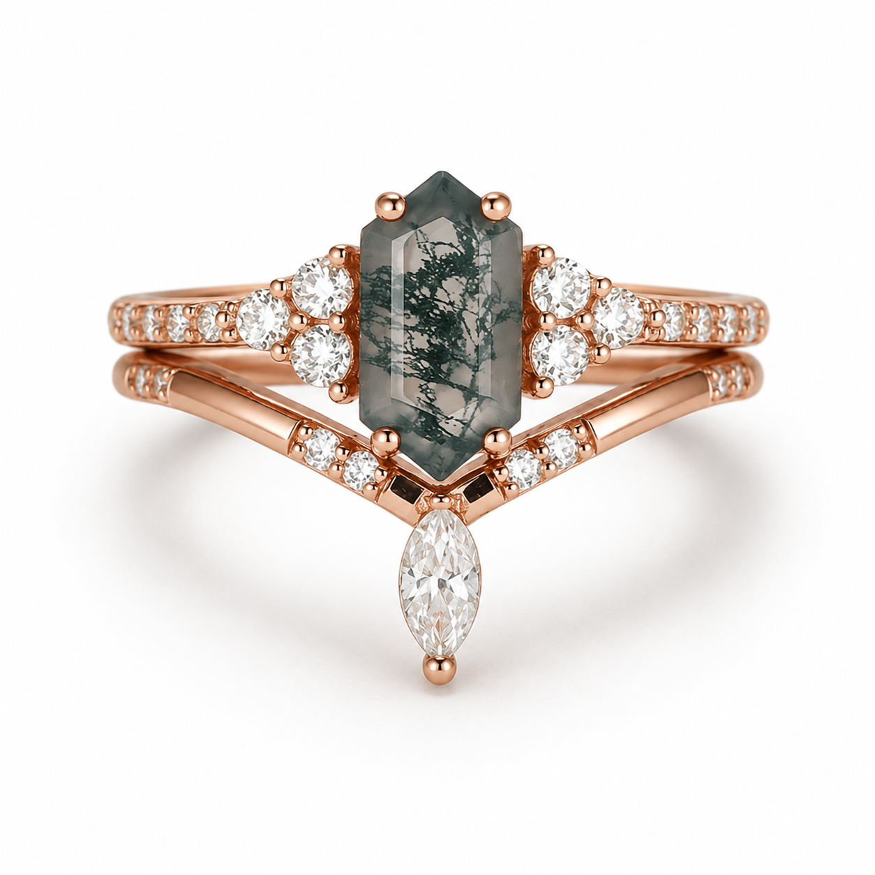 Joslyn Moss Agate Quartz Ring Set Rose Gold