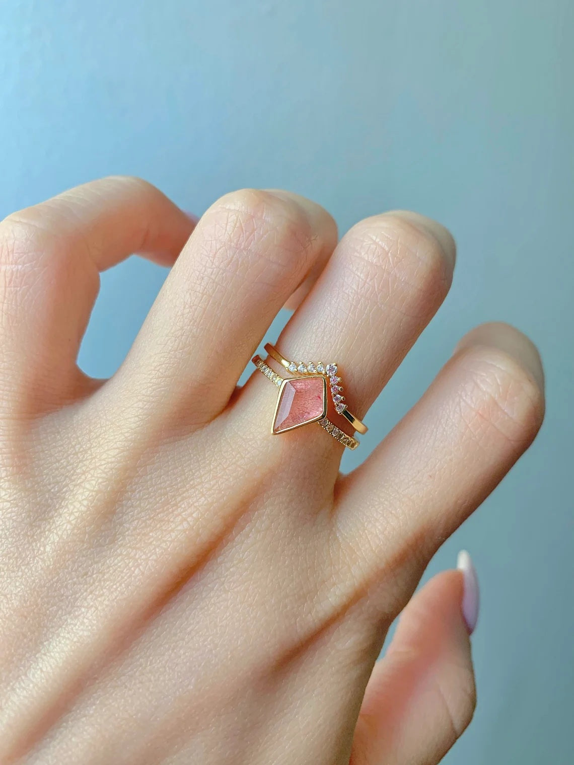 Ska Kite Strawberry Quartz Ring Set Gold