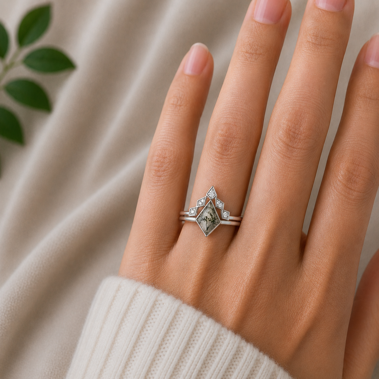 Merci Moss Agate Quartz Ring Set Sterling Silver