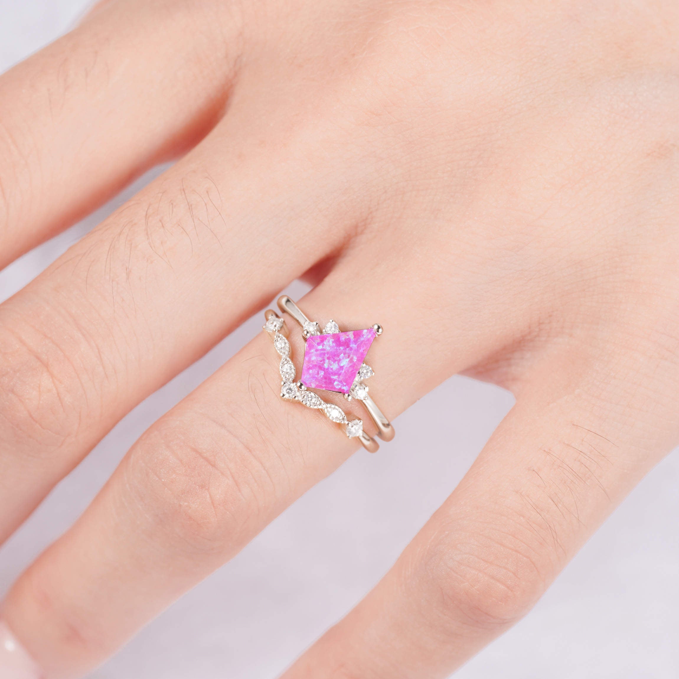 Pink opal ring with sterling silver band and crystal accents