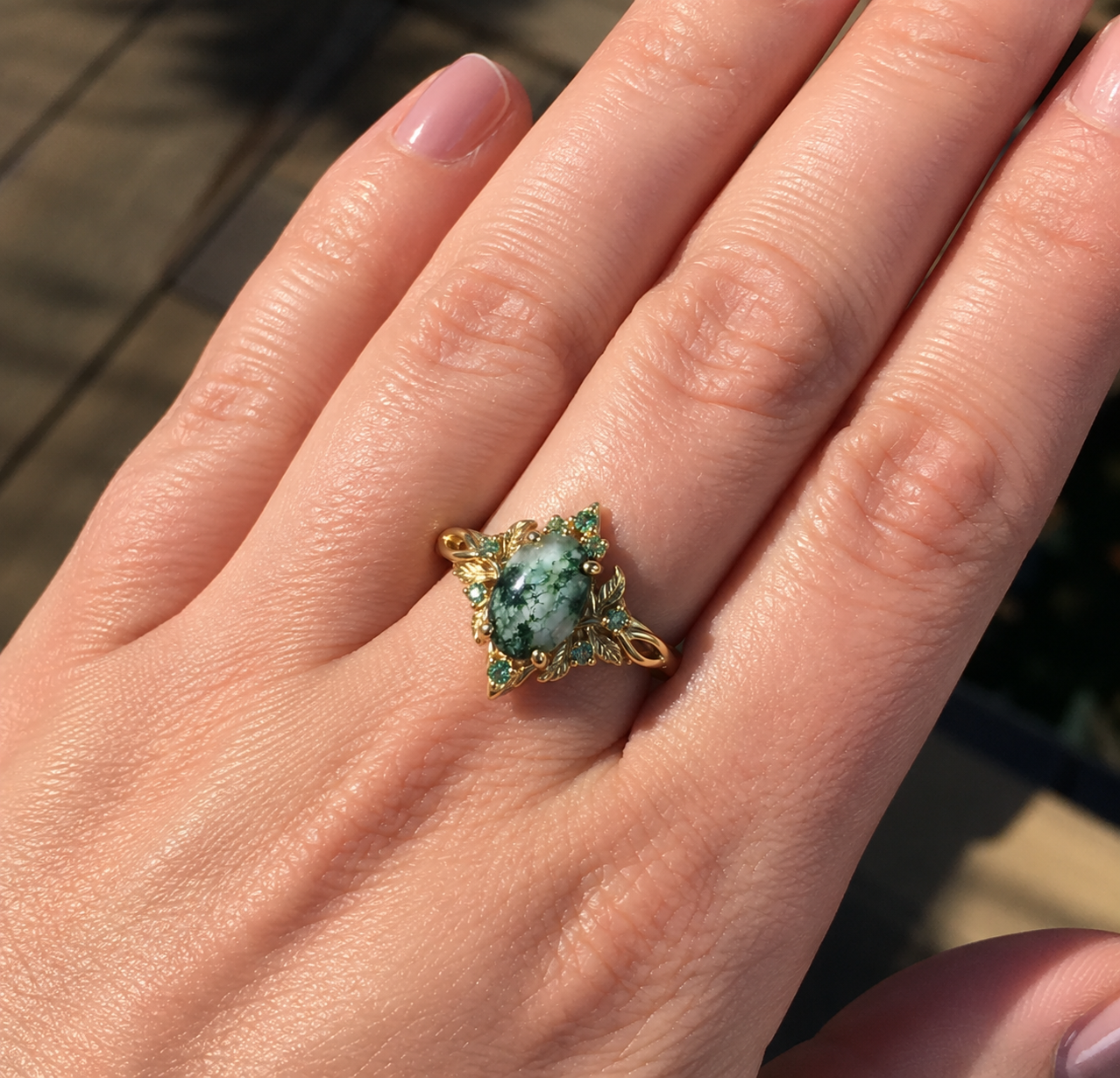 Doria Fairy Queen Moss Agate Engagement Ring