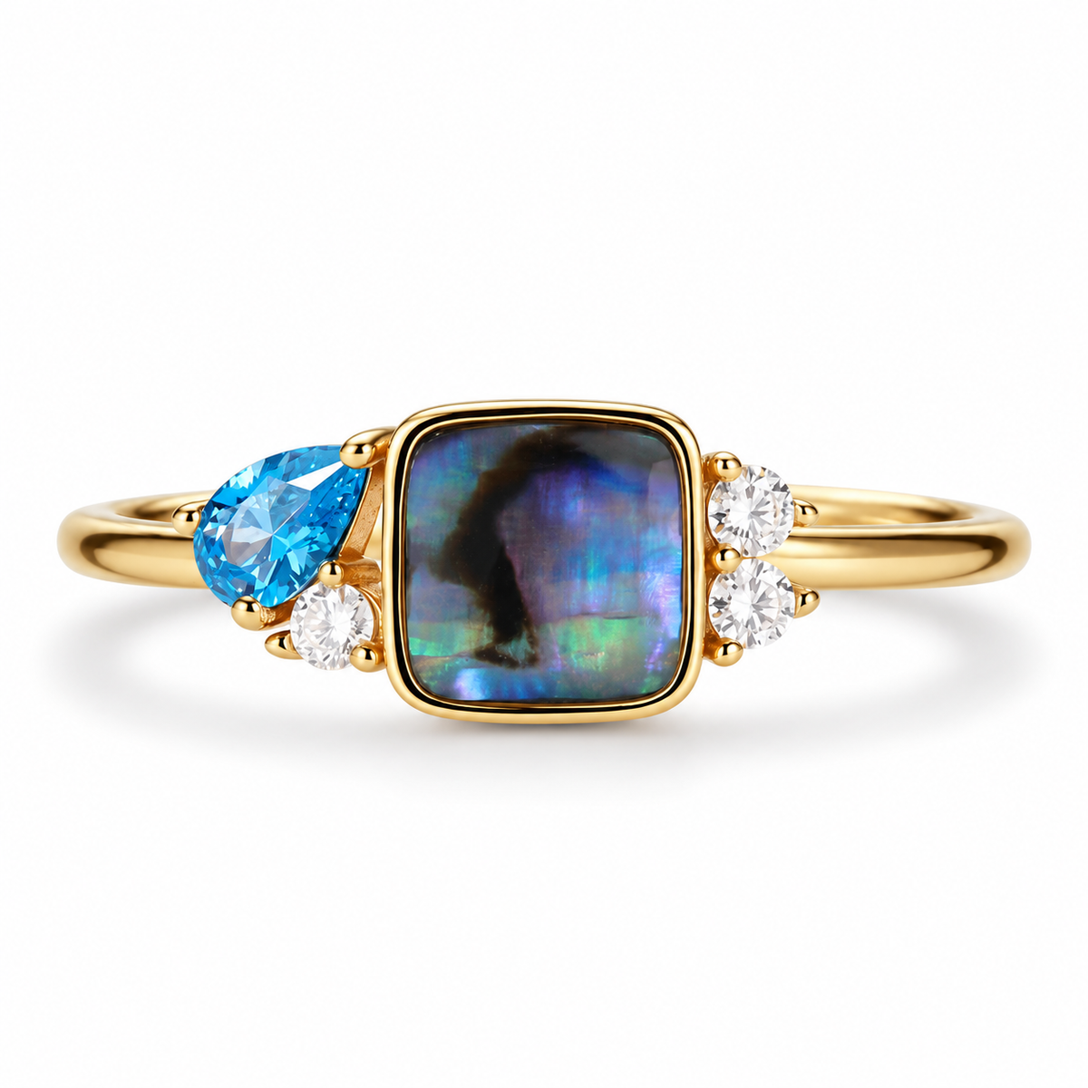 Savannah Abalone Shell Moissanite and Blue Topaz Ring Gold Vermeil