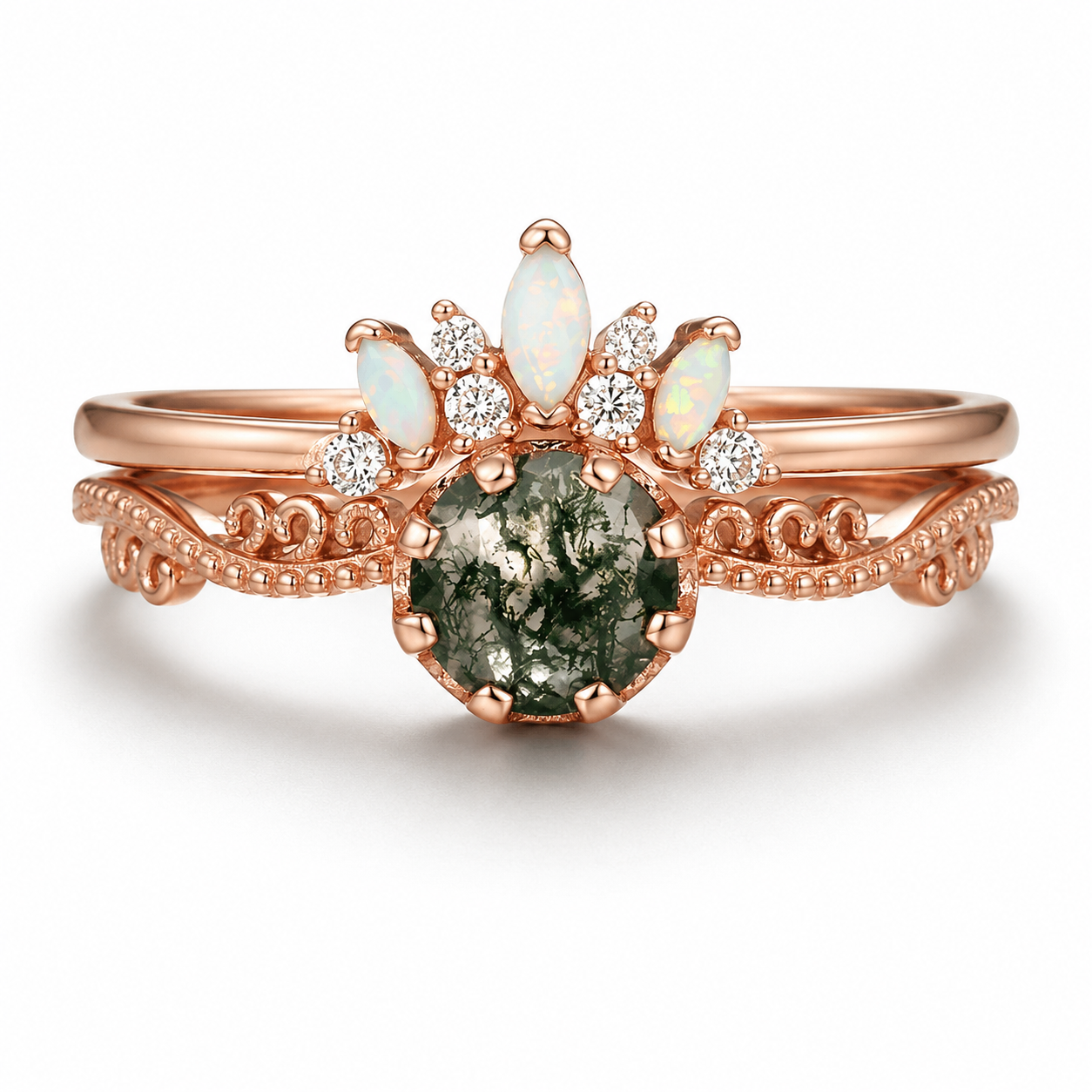 Morgana Moss Agate Quartz and Opal Ring Set Rose Gold