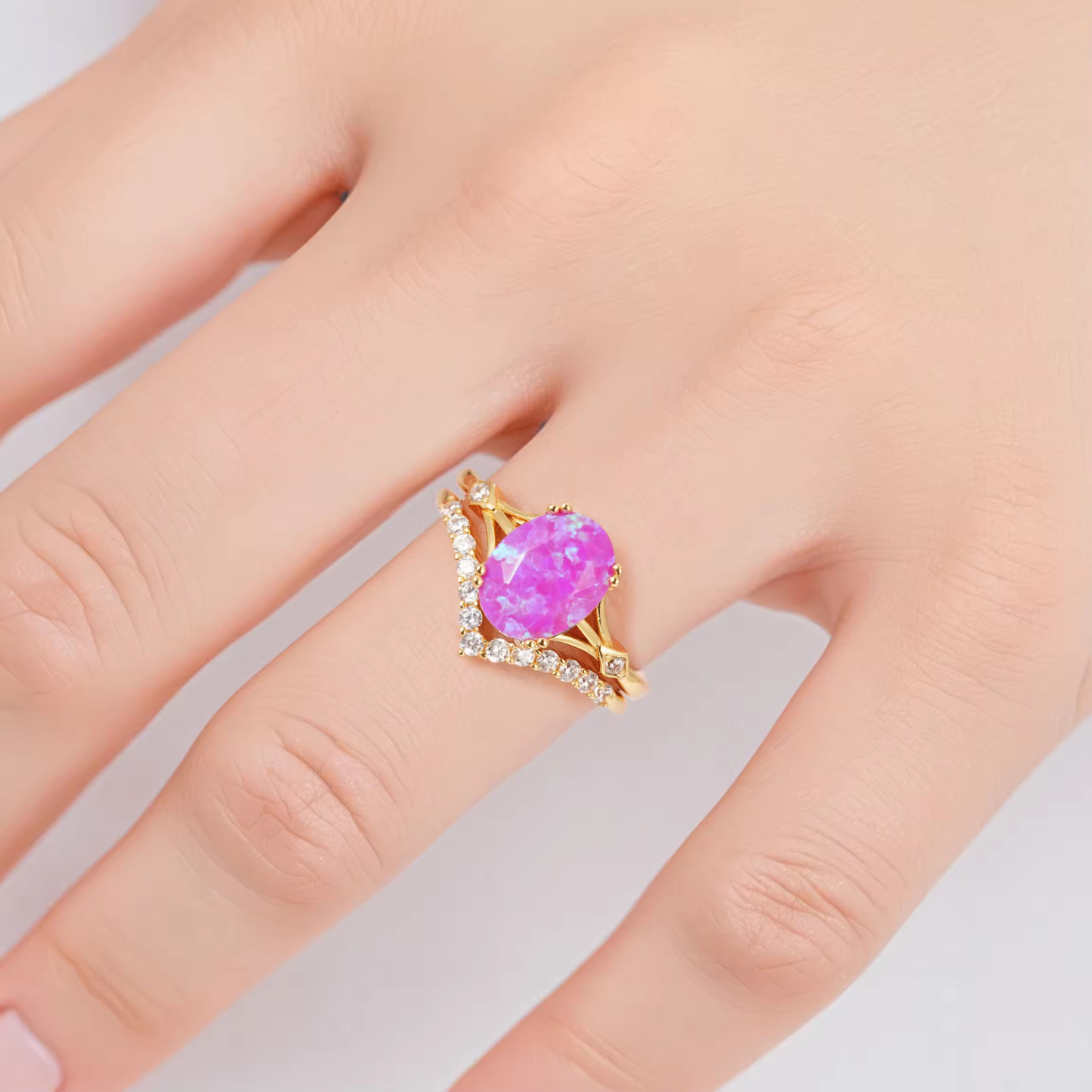Pink opal ring with gold vermeil band and crystal accents