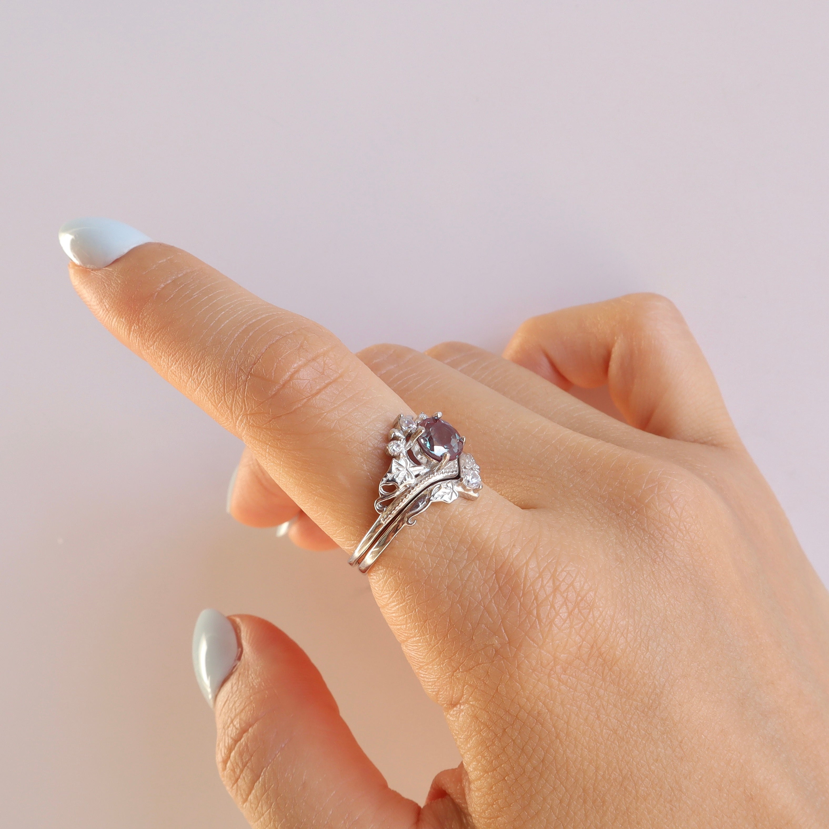 Sterling Silver Alexandrite Ring Set with Quartz Diamonds
