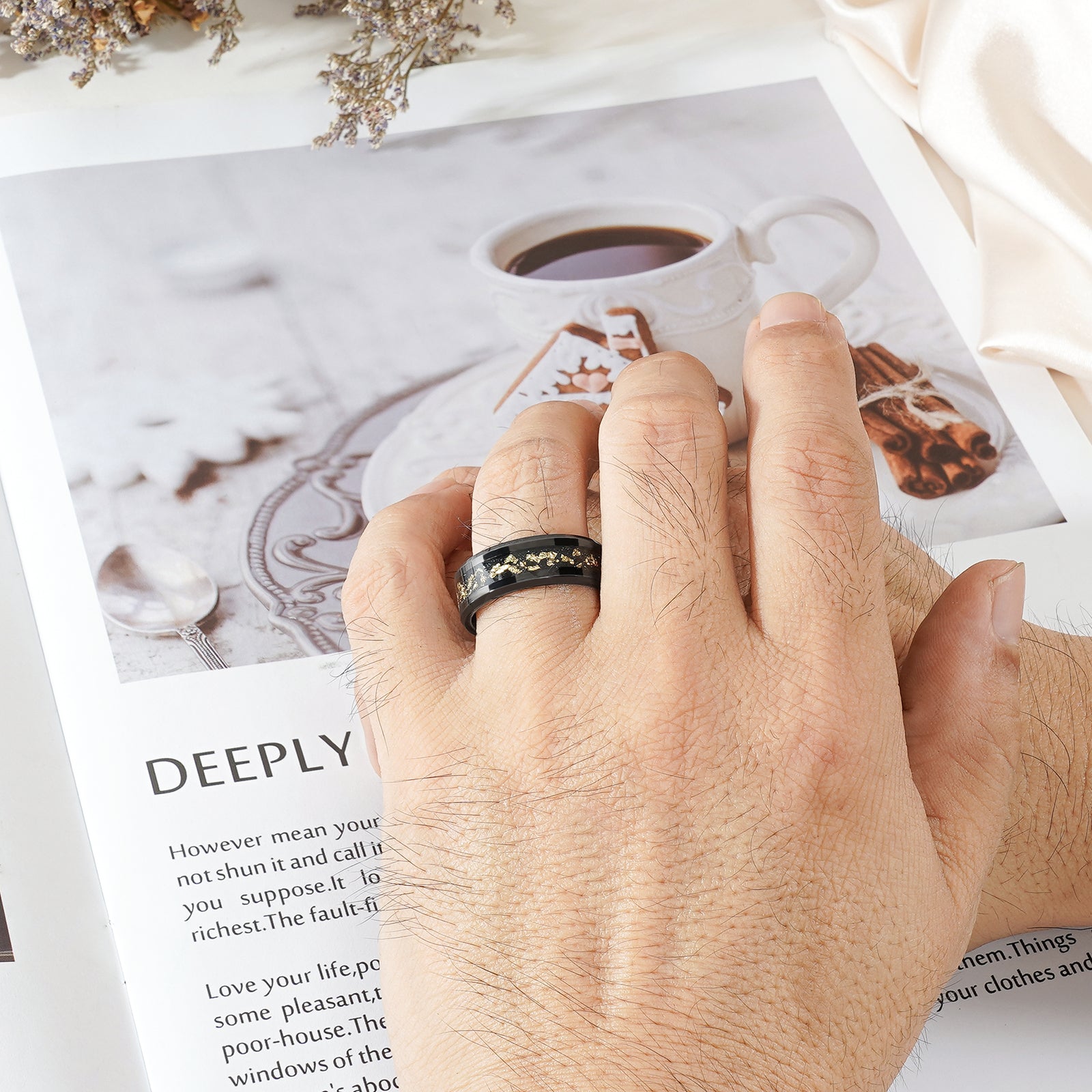 Black tungsten men’s wedding band with gold leaf inlay