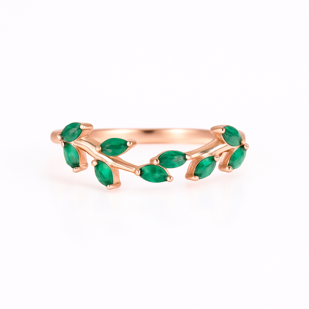 Sammi Curved Emerald Leaf Band Rose Gold