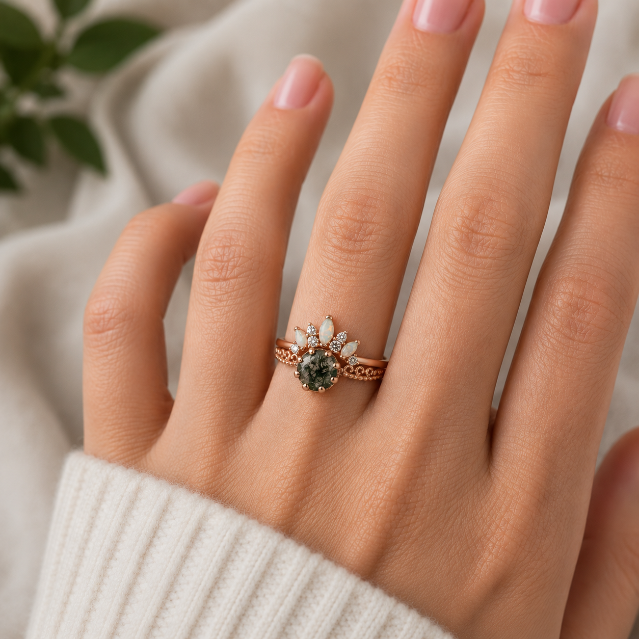 Morgana Moss Agate Quartz and Opal Ring Set Rose Gold