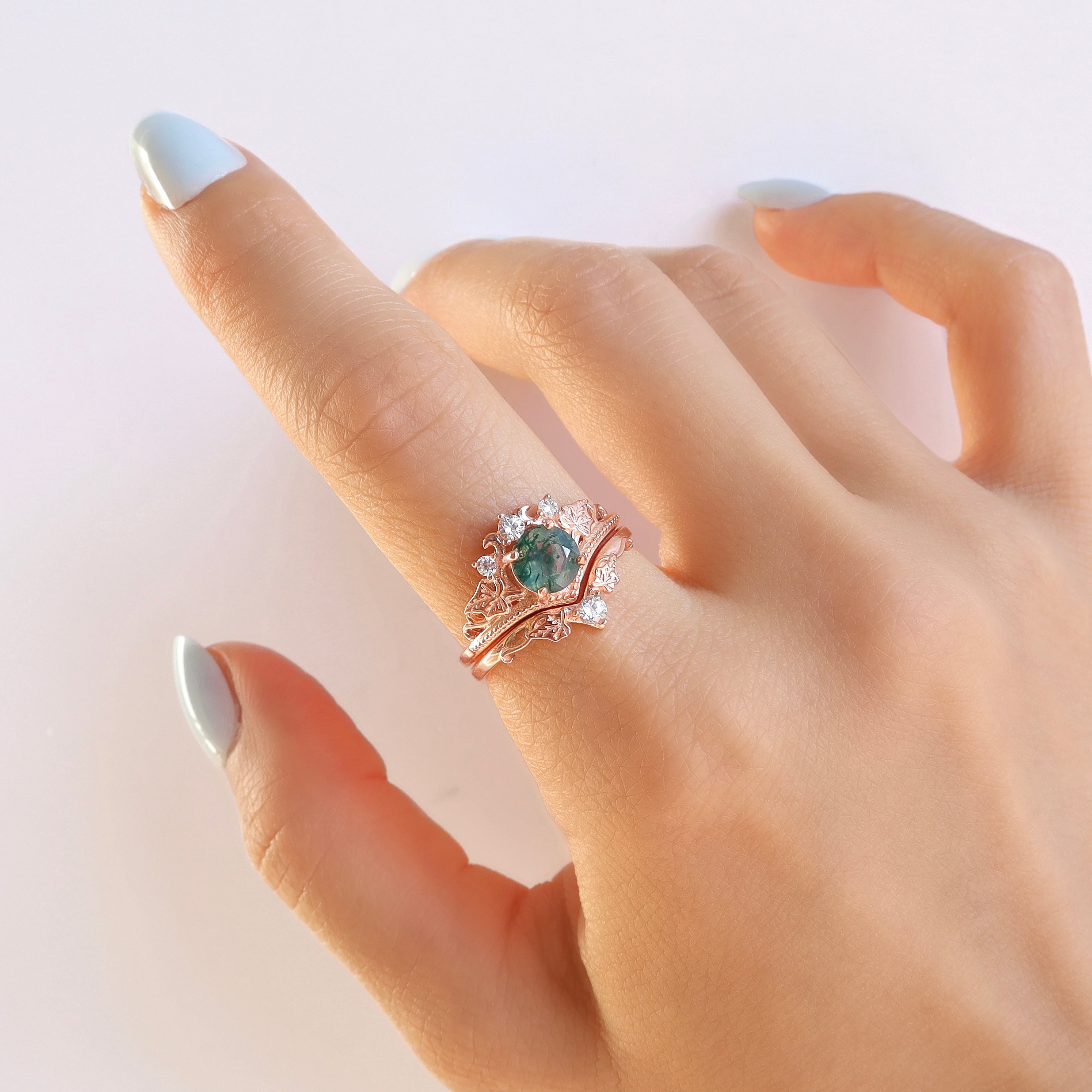 Rose Gold Moss Agate Ring Set with Green Agate and Quartz