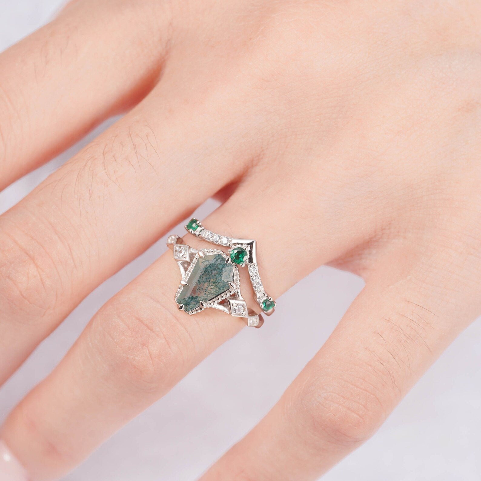 Atra Moss Agate Coffin Cut Ring with Emerald and CZ Crystals