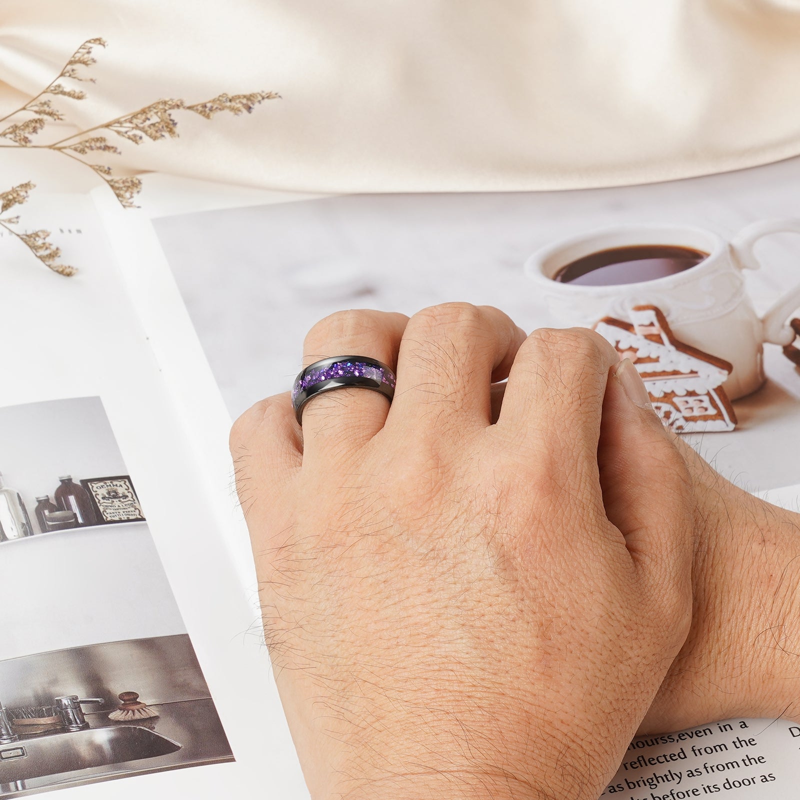 Esme galaxy alexandrite nebula tungsten ring design