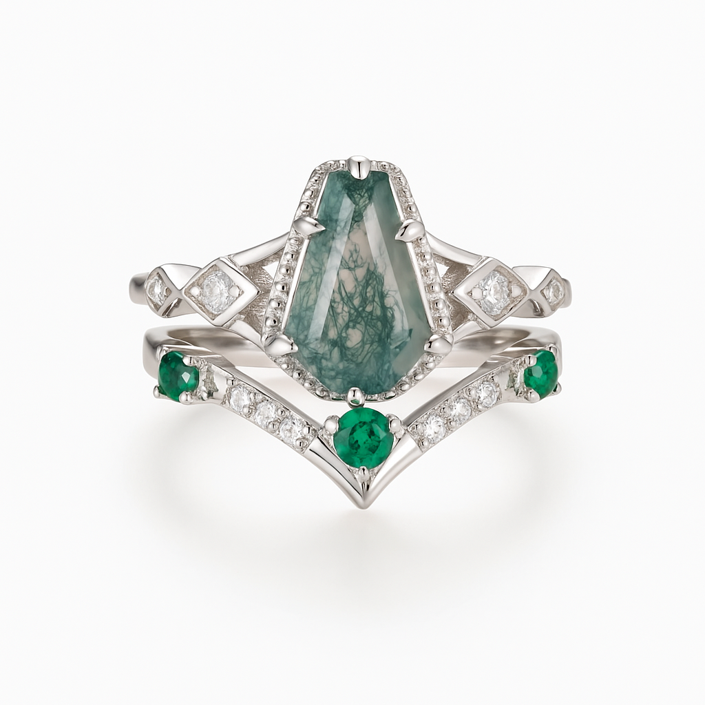 Atra Coffin Cut Moss Agate and Emerald Ring Set