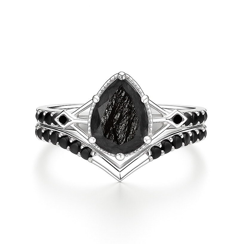 Joia Black Rutilated Quartz Ring Set