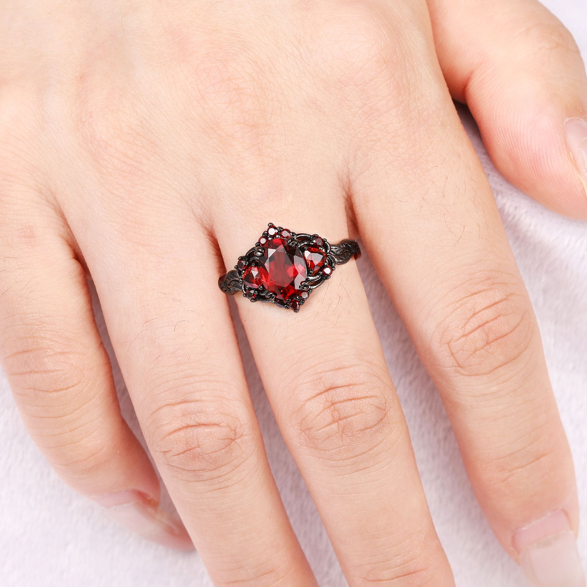 Lilly Natural Red Garnet Black Gold Couple's Ring Set
