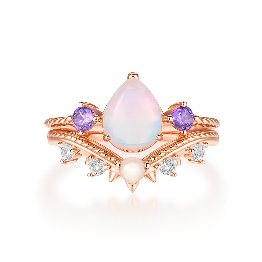 April Natural Opal and Amethyst Ring Set Rose Gold