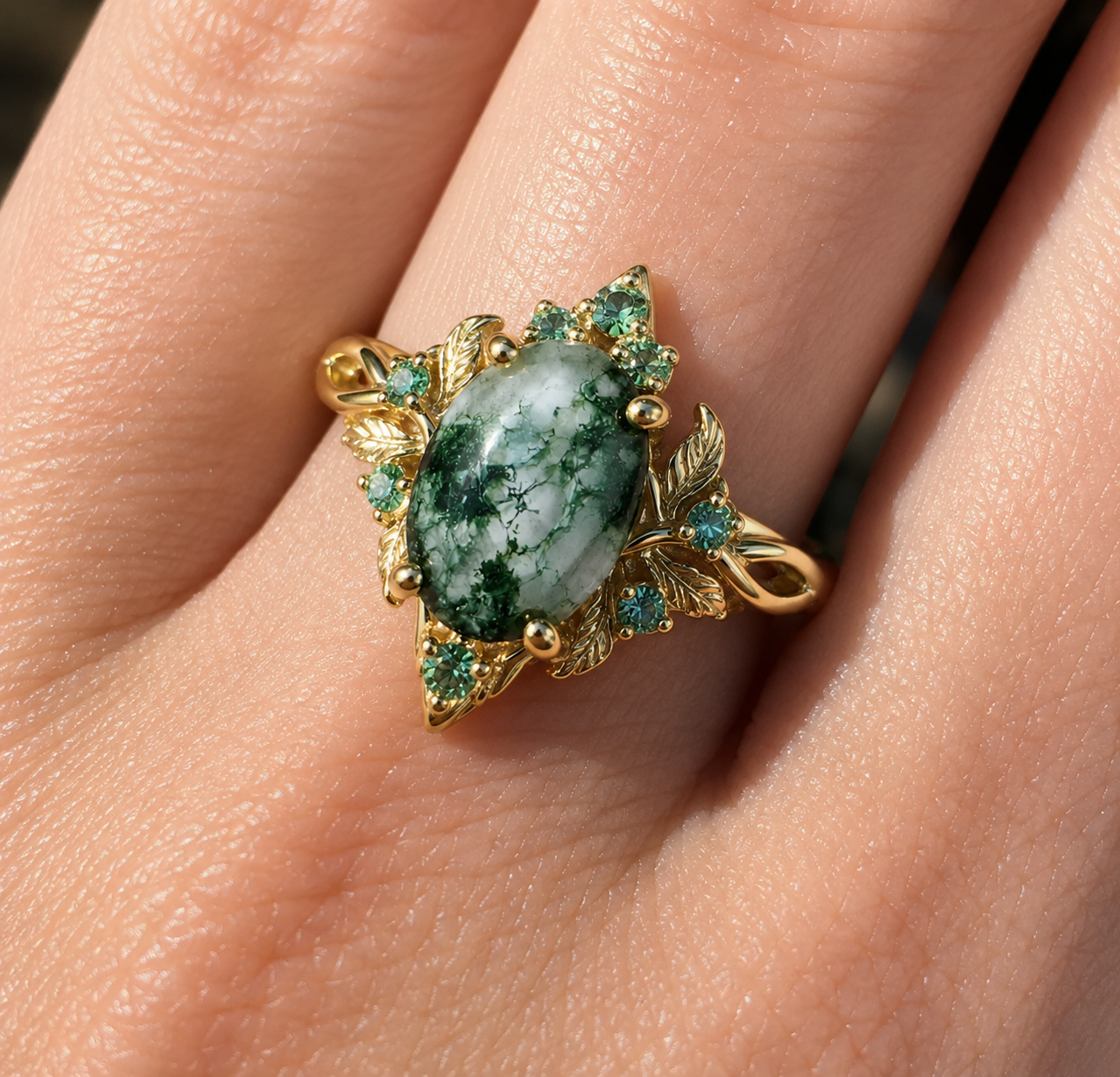 Doria Fairy Queen Moss Agate Engagement Ring