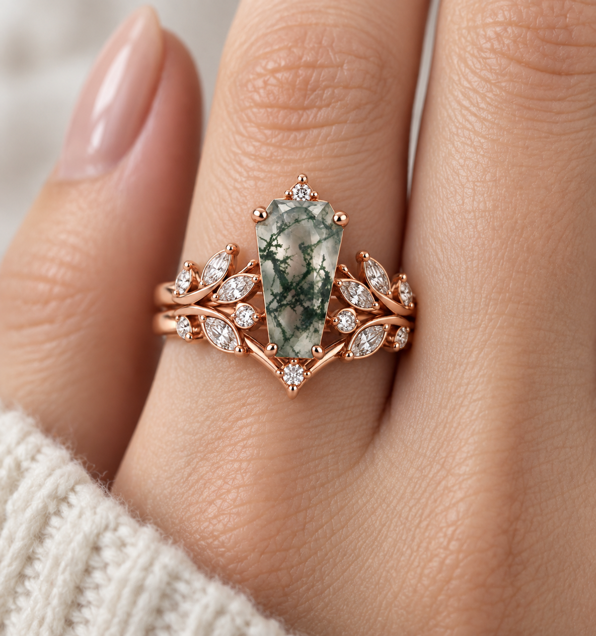 Briellia Coffin Cut Moss Agate Ring Set Rose Gold