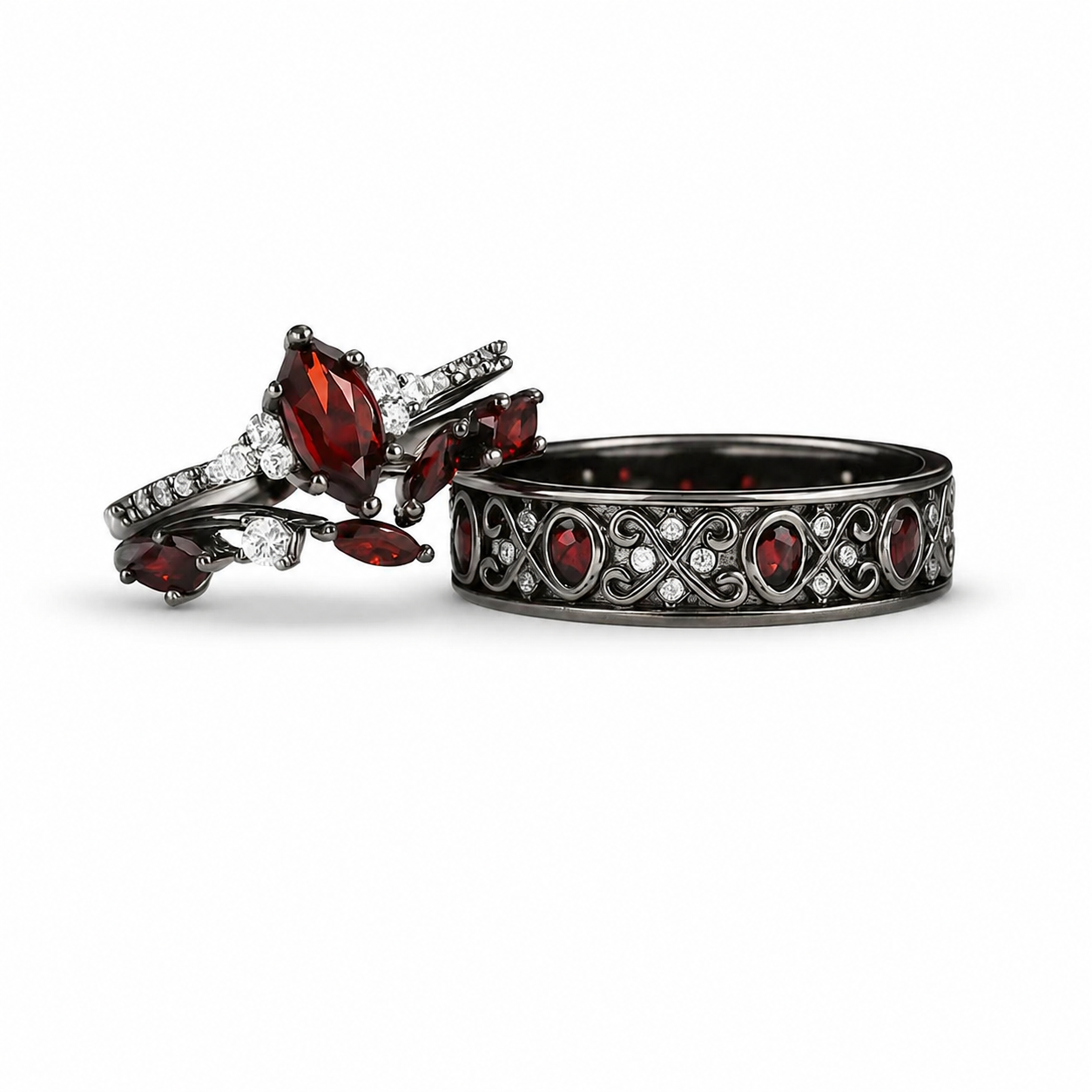 Maggie Red Garnet Black Gold Couple's Ring Set