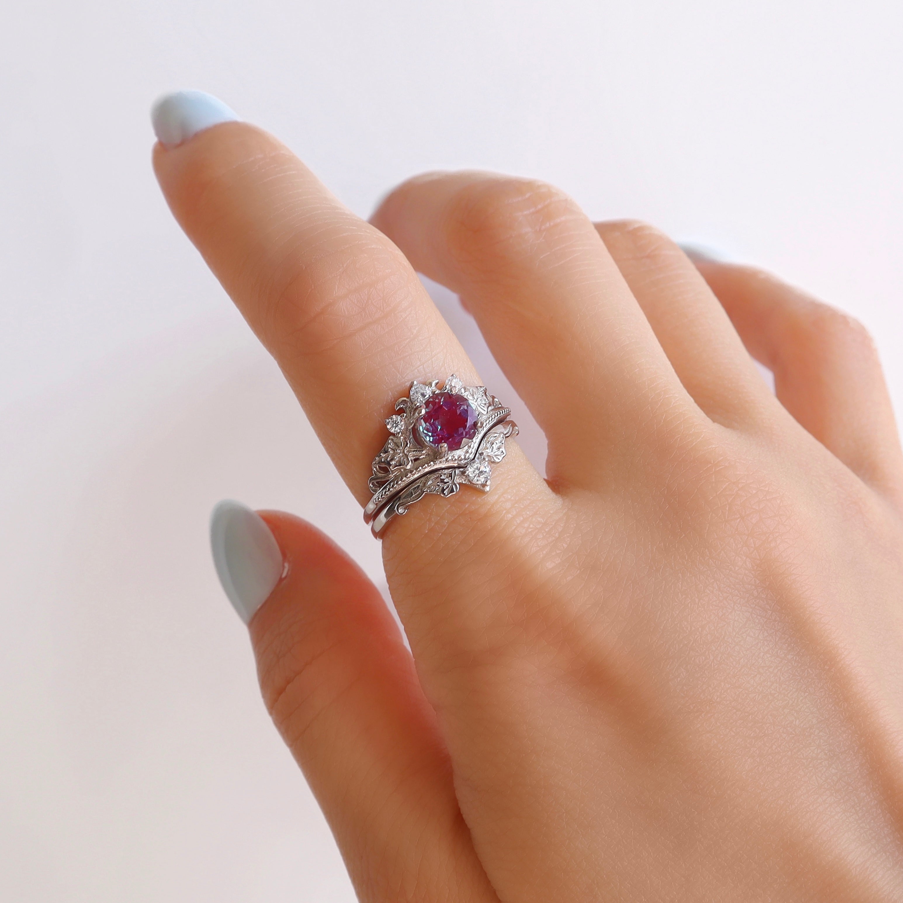 Sterling Silver Alexandrite Ring Set with Quartz Diamonds
