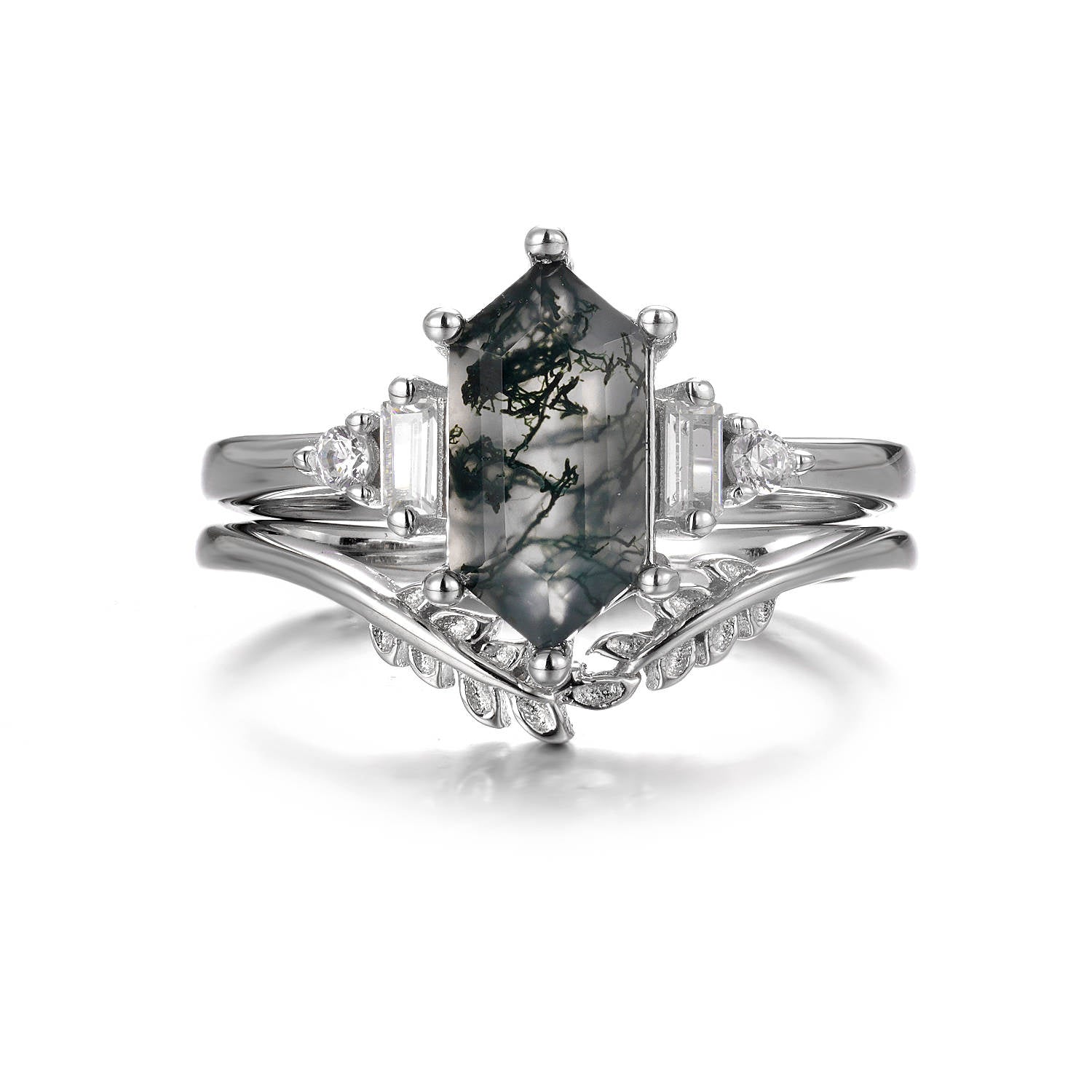 Desi Moss Agate Quartz Leaf Ring Set Sterling Silver