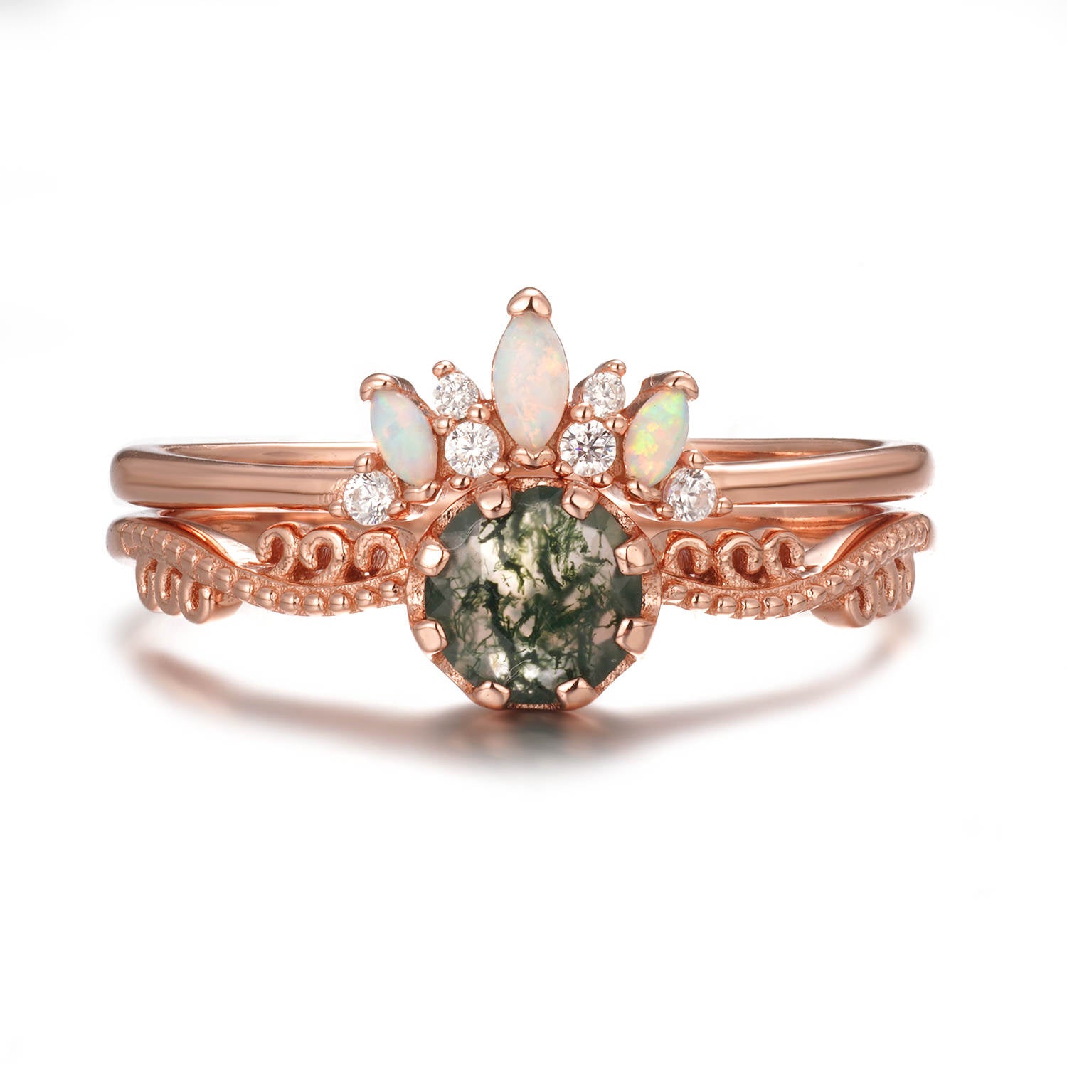 Morgana Moss Agate Quartz and Opal Ring Set Rose Gold