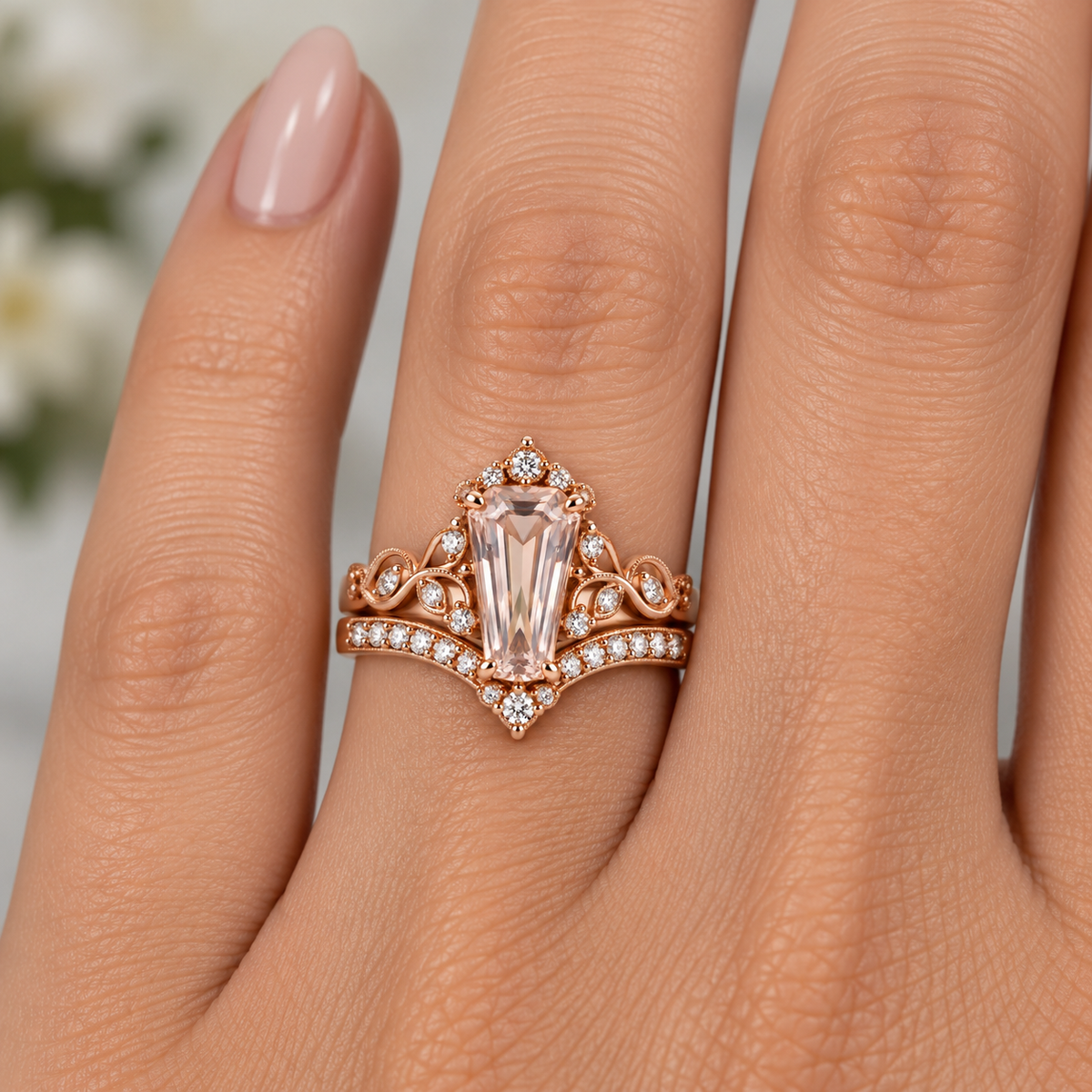 Arellano Vintage Coffin Cut Morganite Ring Set
