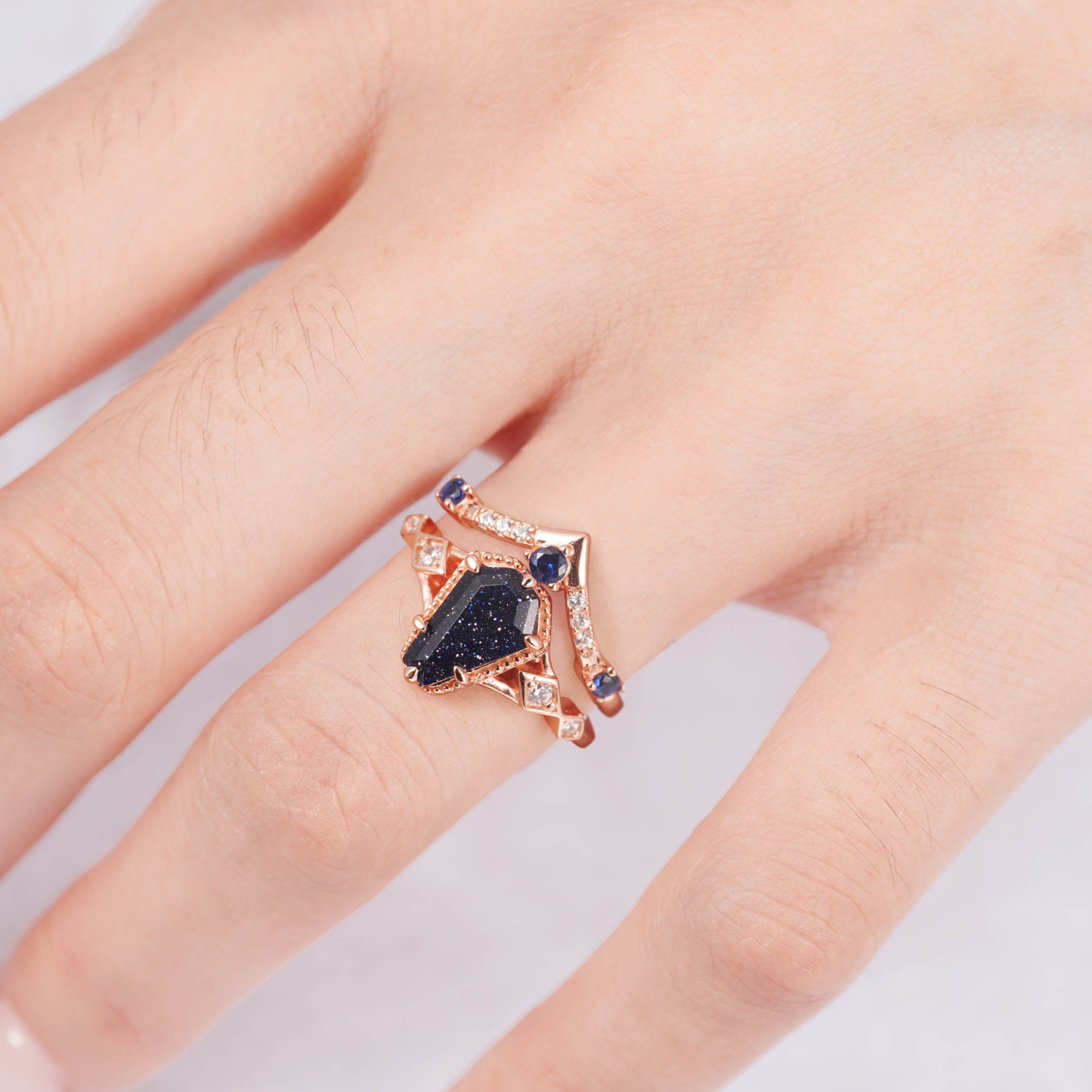 Atra Coffin Cut Blue Sandstone Ring Set in Rose Gold
