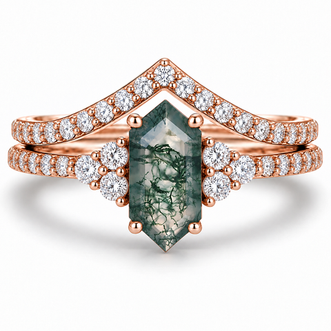 Katharina Long Hexagon Moss Agate Ring Set Sterling Silver