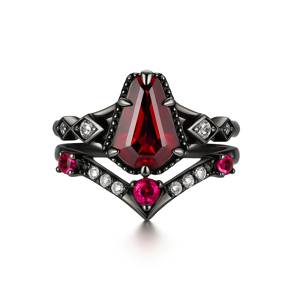 Atra Coffin Cut Pink Sapphire and Garnet Ring Set