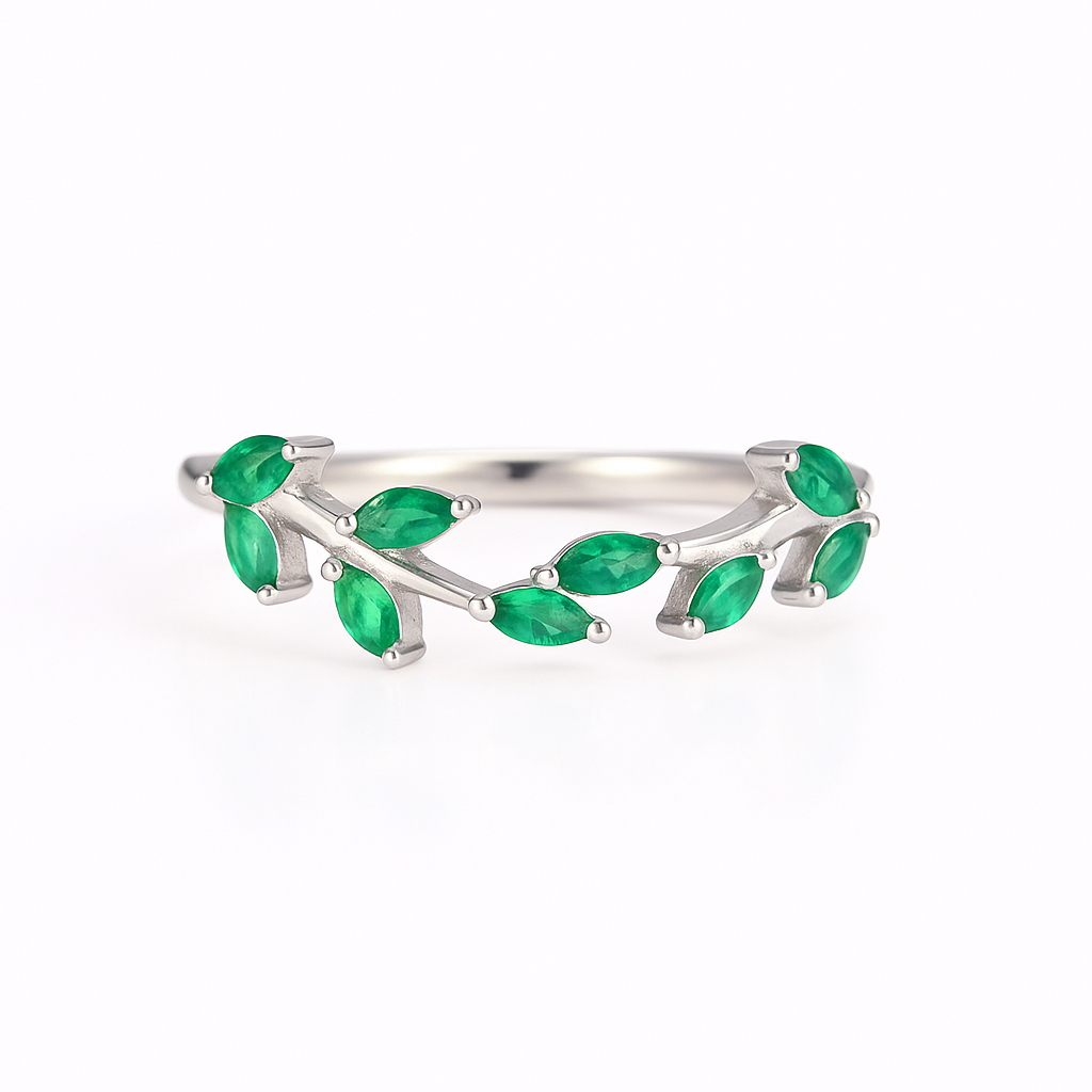 Sammi Curved Emerald Leaf Band Sterling Silver