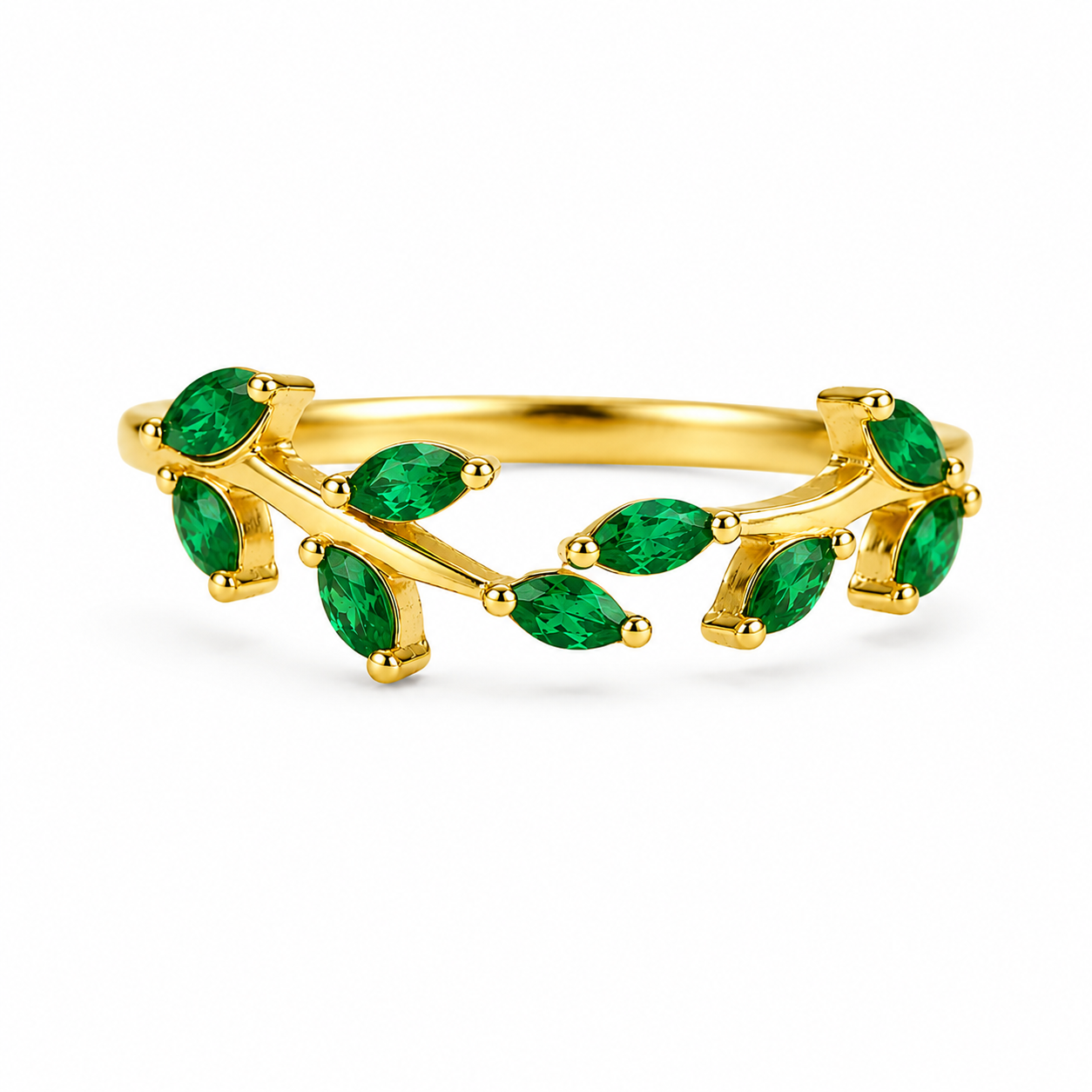 Sammi Curved Emerald Leaf Band Gold