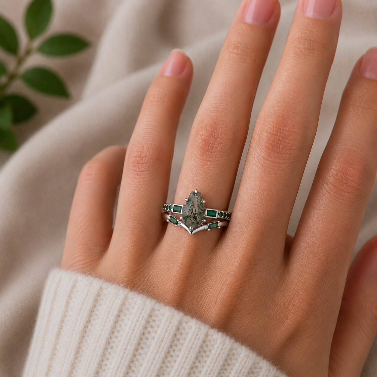 Amy Coffin Moss Agate Quartz and Emerald Ring Set