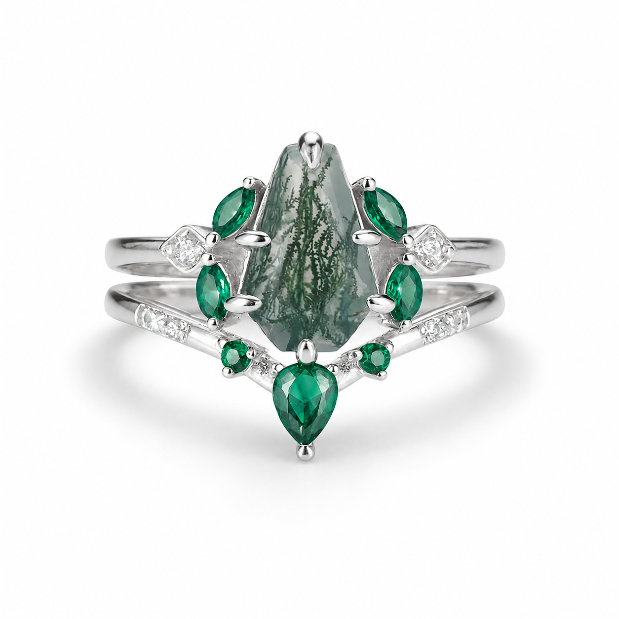 Skye Coffin Cut Moss Agate Quartz and Emerald Ring Set