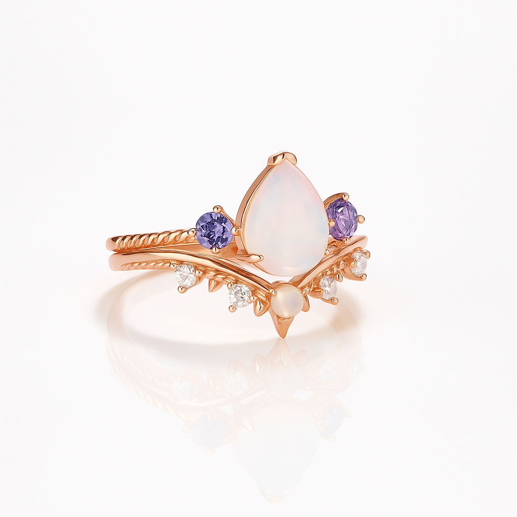 April Natural Opal and Amethyst Ring Set Gold