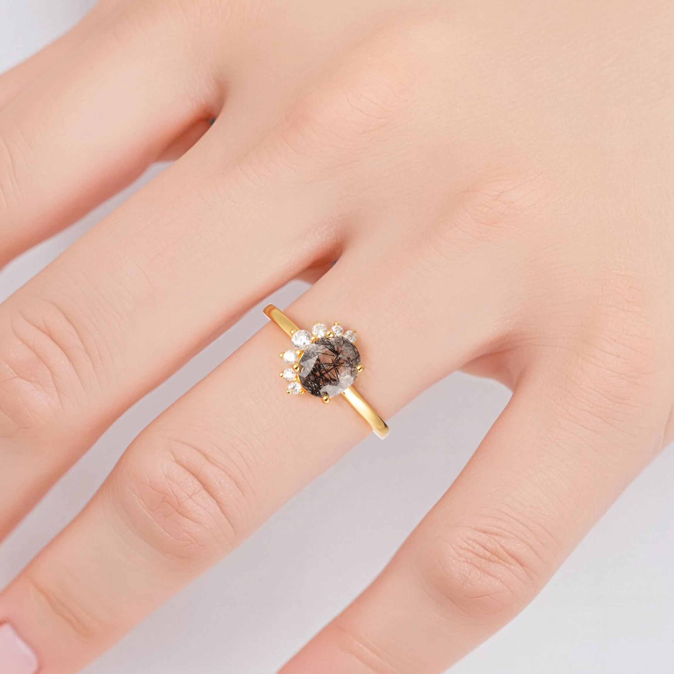 Ari Black Rutilated Quartz Ring with Gemstone and Crystals